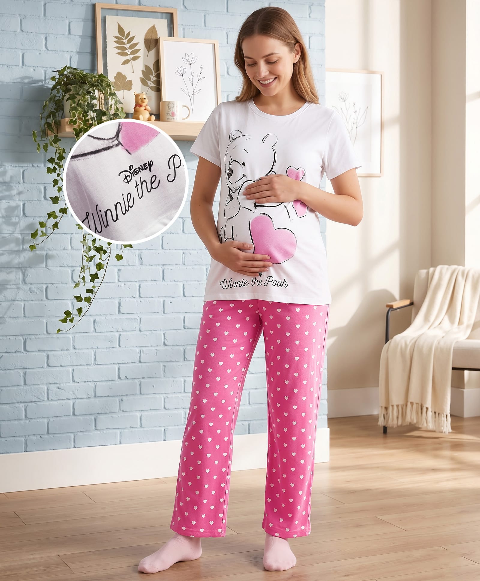Bella Mama Single Jersey Knit Half Sleeves Nursing Night Suit with Winnie The Pooh Graphic & Heart Print - White-image-31