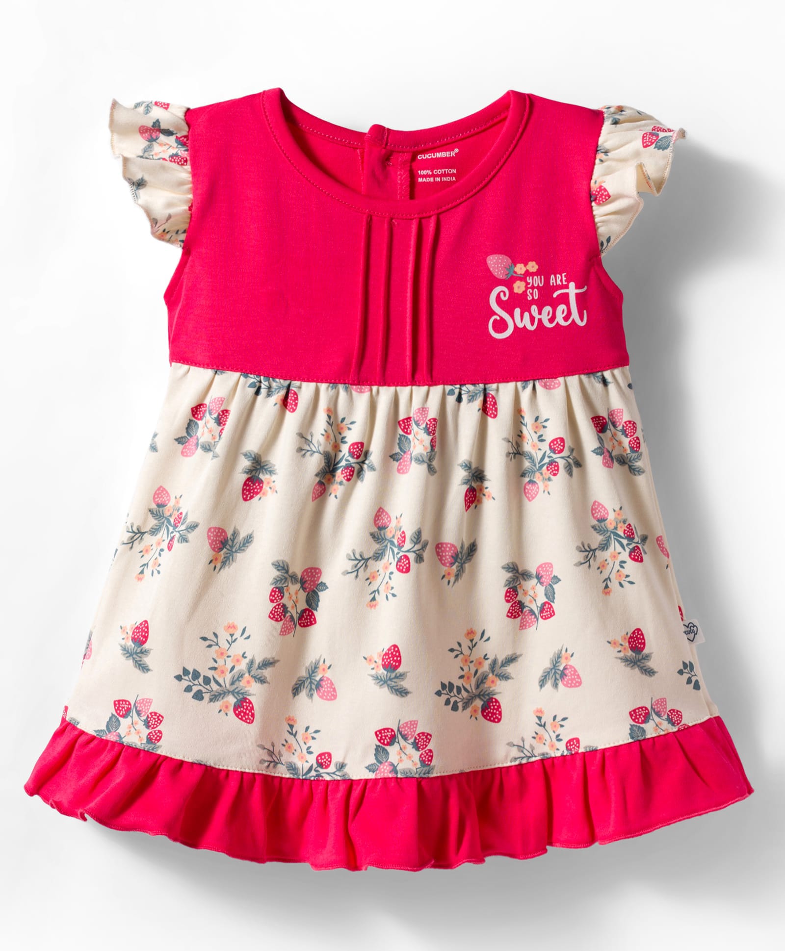 CUCUMBER Interlock Knit Half Sleeves Strawberry Printed Frock - Red-picture-15