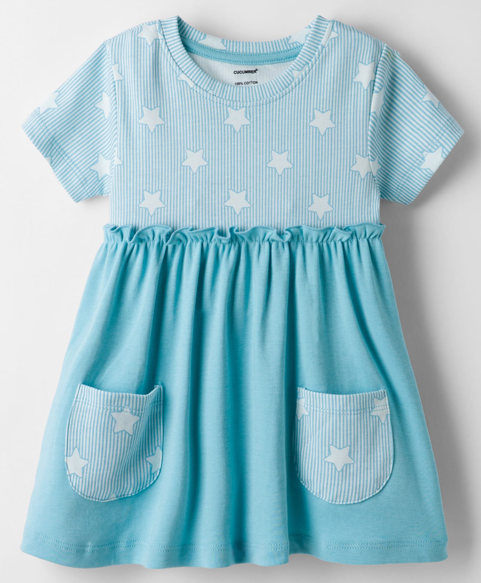 CUCUMBER Interlock Knit Half Sleeves Star Printed Frock - Light Blue-picture-15