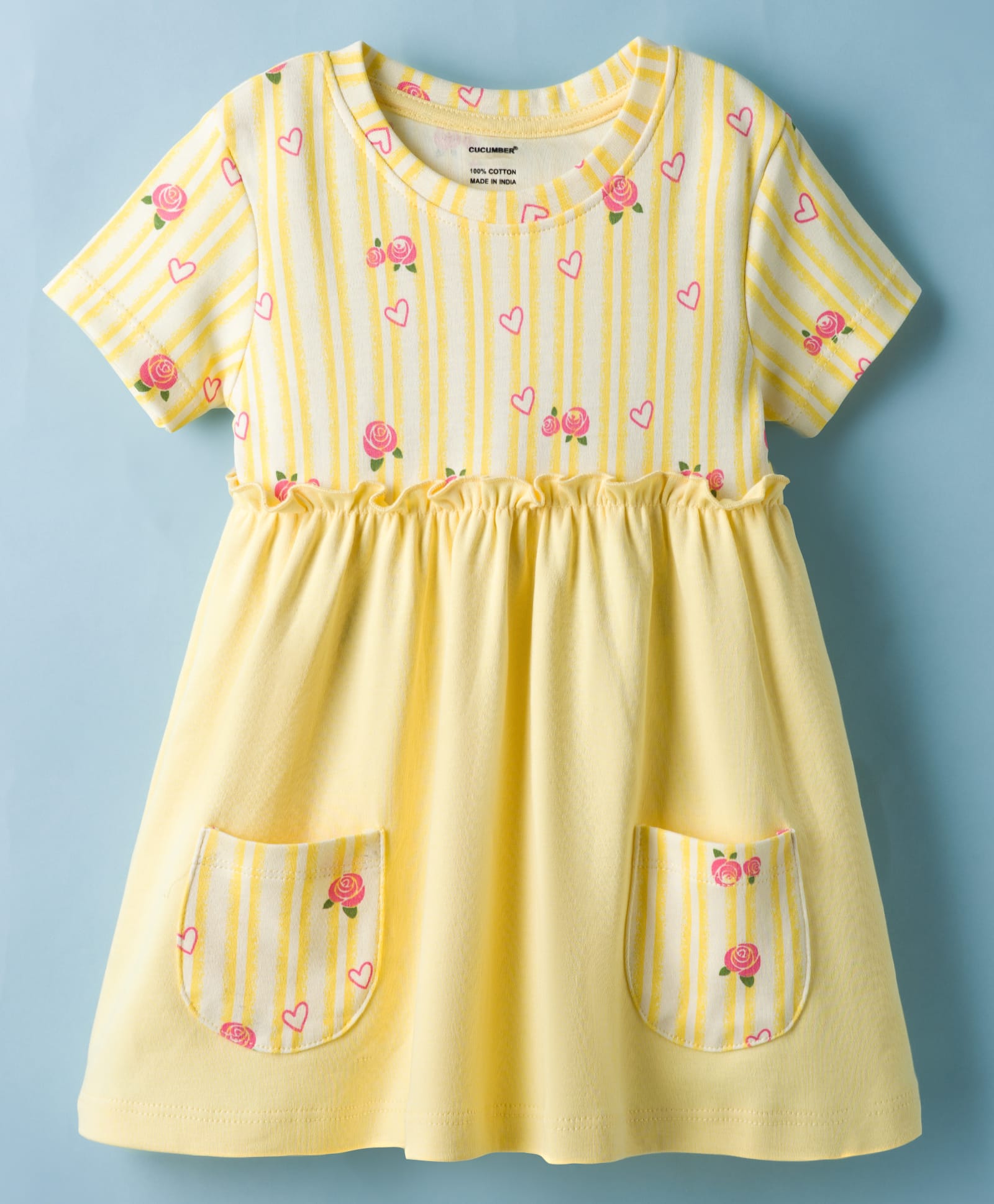 CUCUMBER Interlock Knit Half Sleeves Floral & Hearts Printed Frock - Yellow-picture-10
