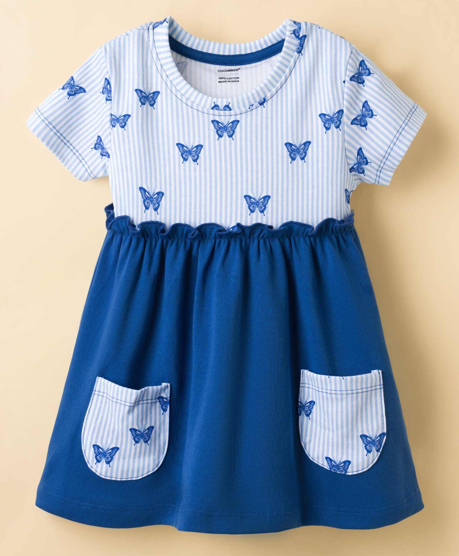 CUCUMBER Interlock Knit Half Sleeves Butterfly Printed Striped Frock With Front Pockets - Blue-picture-21