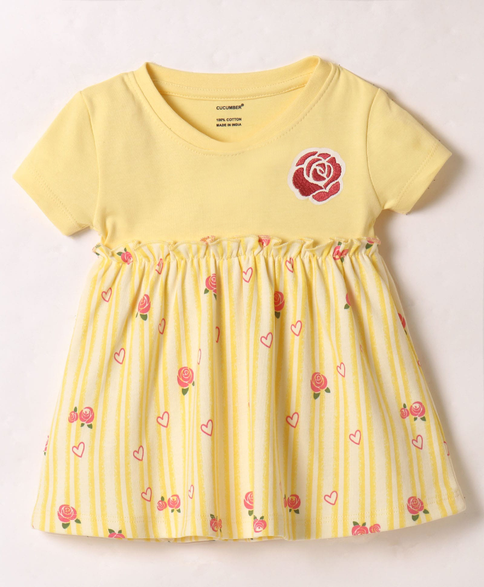 CUCUMBER Interlock Knit Half Sleeves Rose Embroidered & Hearts Printed Frock - Yellow-picture-17