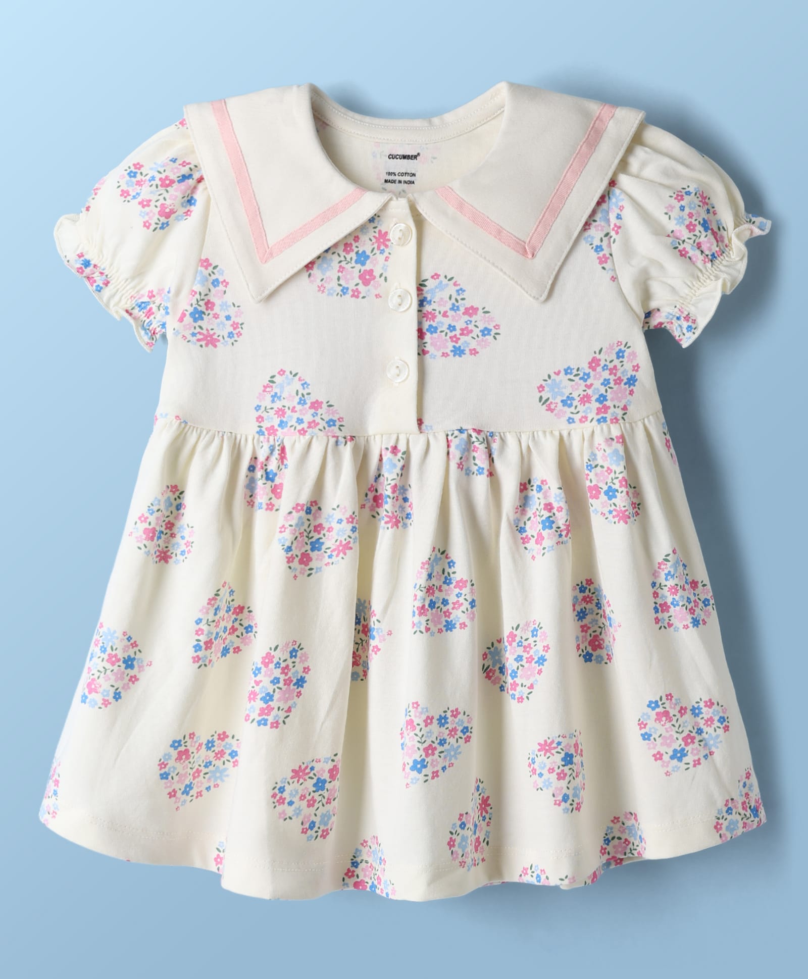 CUCUMBER Cotton Knit One Piece Dresses/Frocks Half Sleeves Sailor Collar All Over Prints L Cream 3-6 Months-picture-8