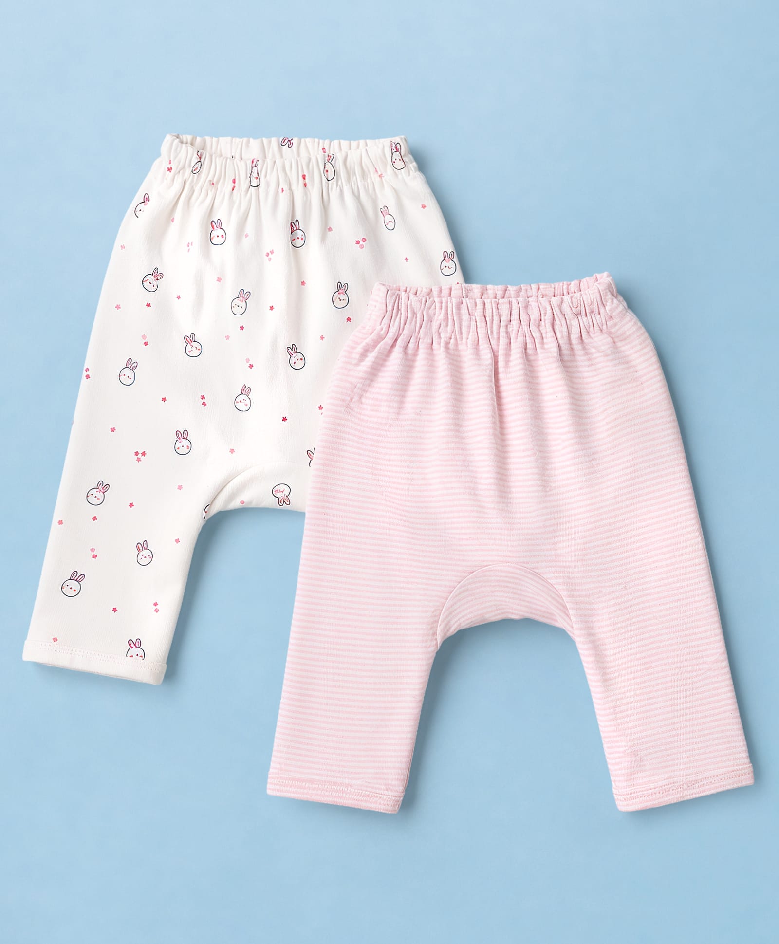 Simply Interlock Knit Full Length Striped & Bunny Printed Diaper Leggings Pack Of 2 - White & Pink-image-12