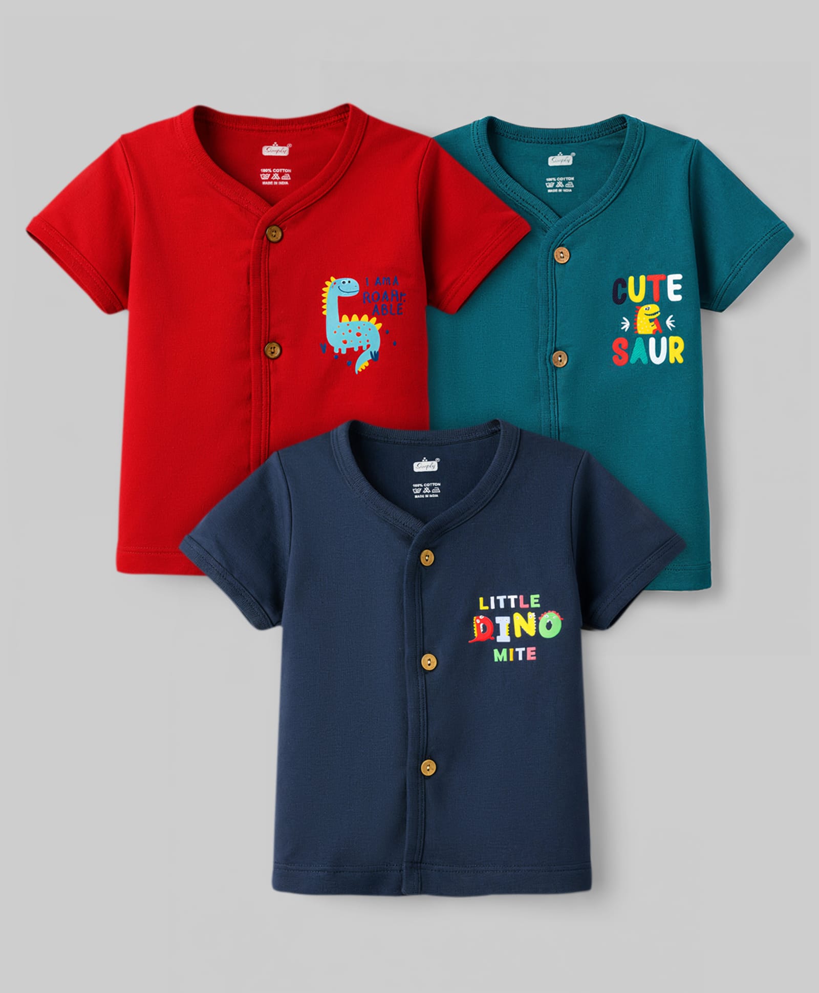 Simply Interlock Knit Half Sleeves Jhablas With Dino Print Pack of 3 - Navy Blue Red & Teal-image-5