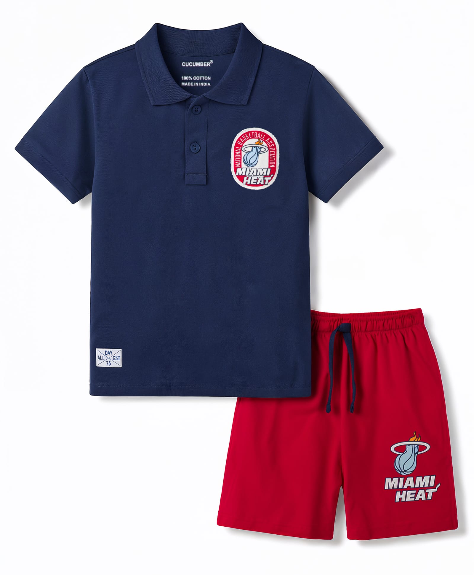 CUCUMBER Knit Half Sleeves T-Shirt & Shorts Set with Basketball Print - Navy Blue-image-44