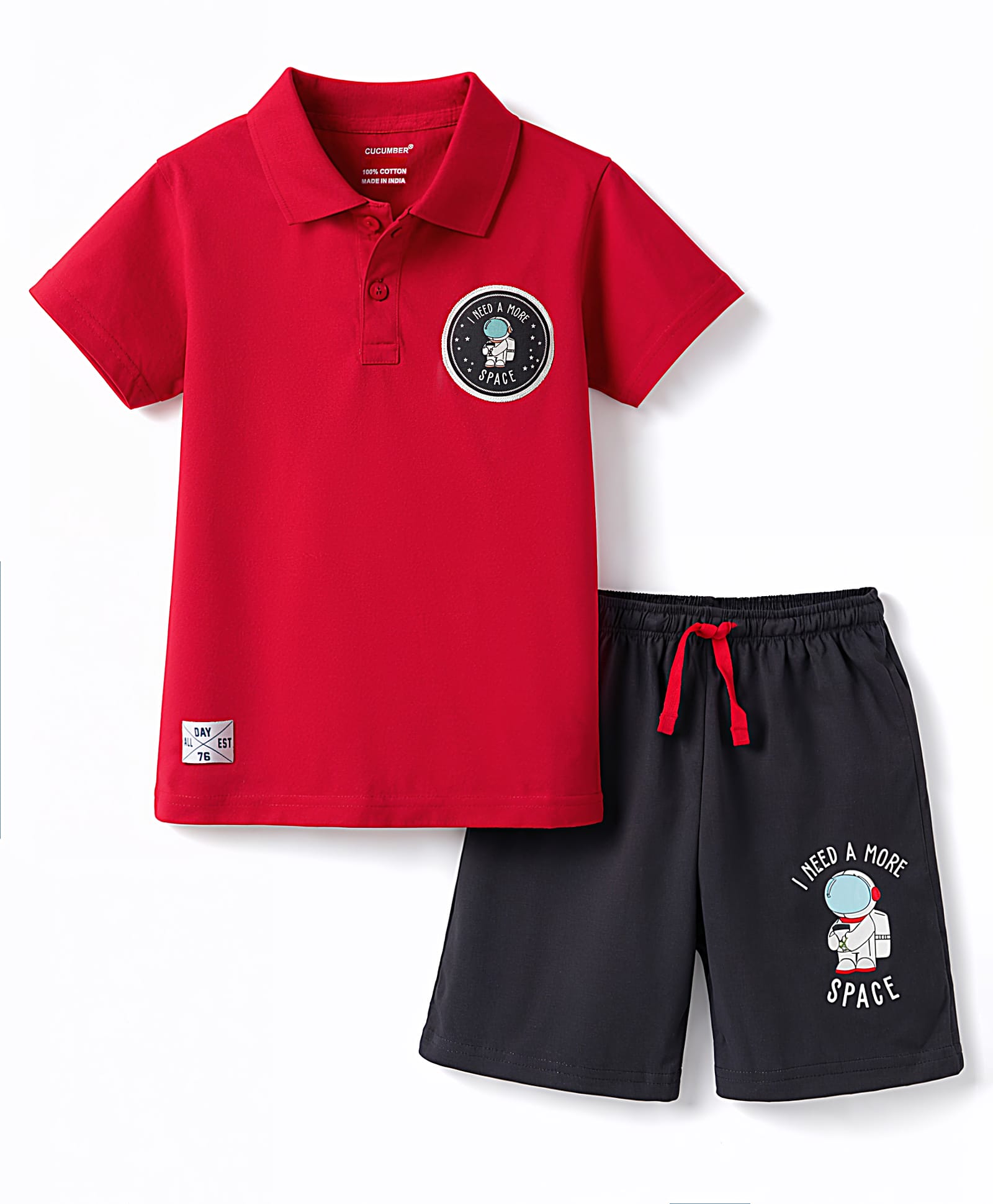 CUCUMBER Knit Half Sleeves T-Shirt & Shorts Set with Astronaut Print - Red-picture-12