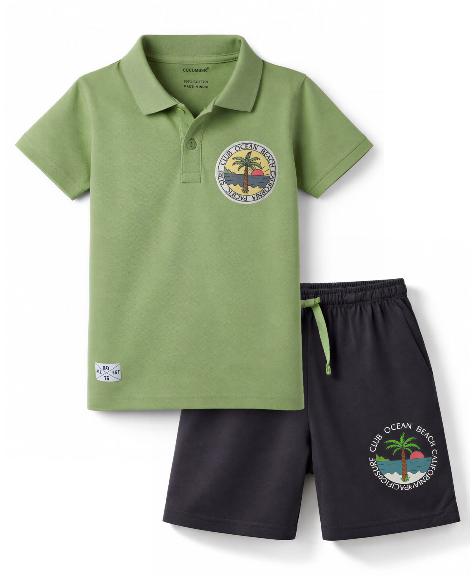 CUCUMBER Knit Half Sleeves T-Shirt & Shorts Set with Tree Print - Light Green-picture-21