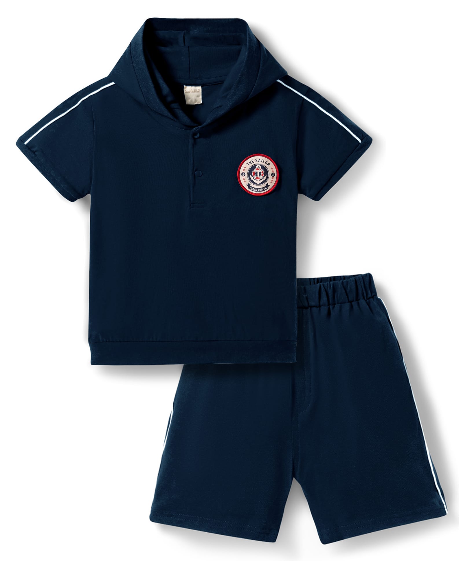 CUCUMBER Knit Half Sleeves Hooded T-Shirt & Shorts Set with Sailor Badge - Navy Blue-image-17