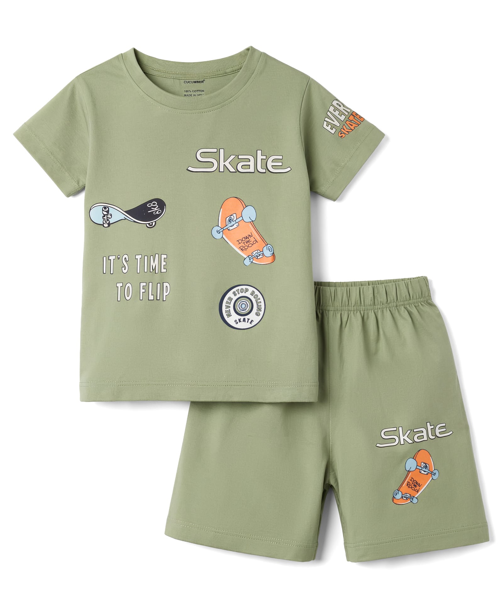 CUCUMBER Knit Half Sleeves T-Shirt & Shorts Set with Skateboard Print - Olive Green-image-4