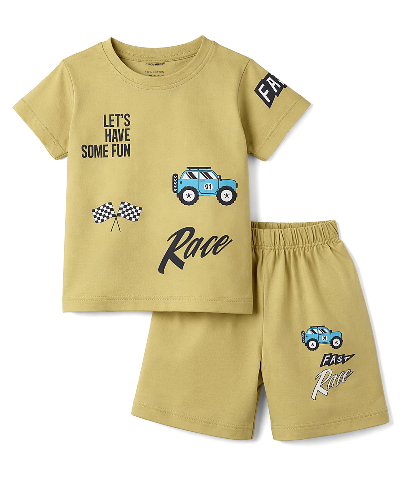 CUCUMBER Knit Half Sleeves T-Shirt & Shorts Set with Car Print - Olive Green-picture-1