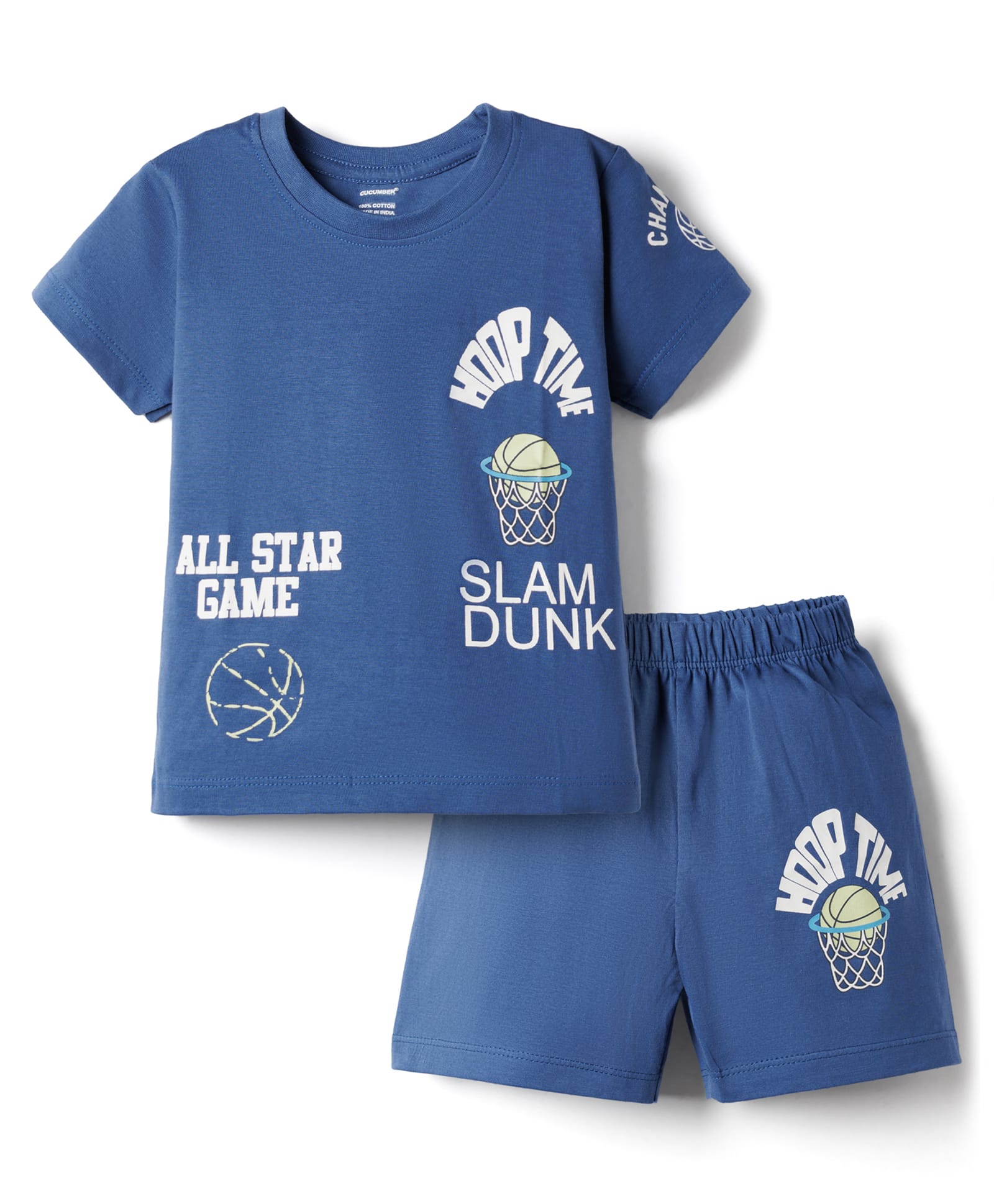 CUCUMBER Knit Half Sleeves T-Shirt & Shorts Set with Basketball Print - Blue-image-10