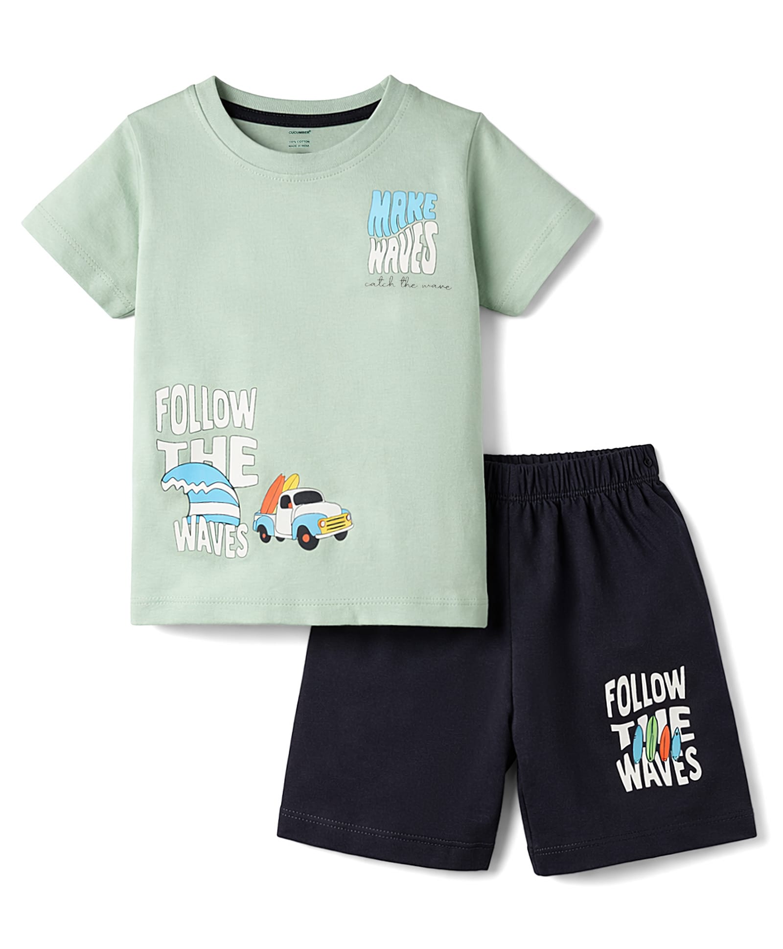 CUCUMBER Knit Half Sleeves T-Shirt & Shorts Set with Beach Print - Sea Green-picture-28