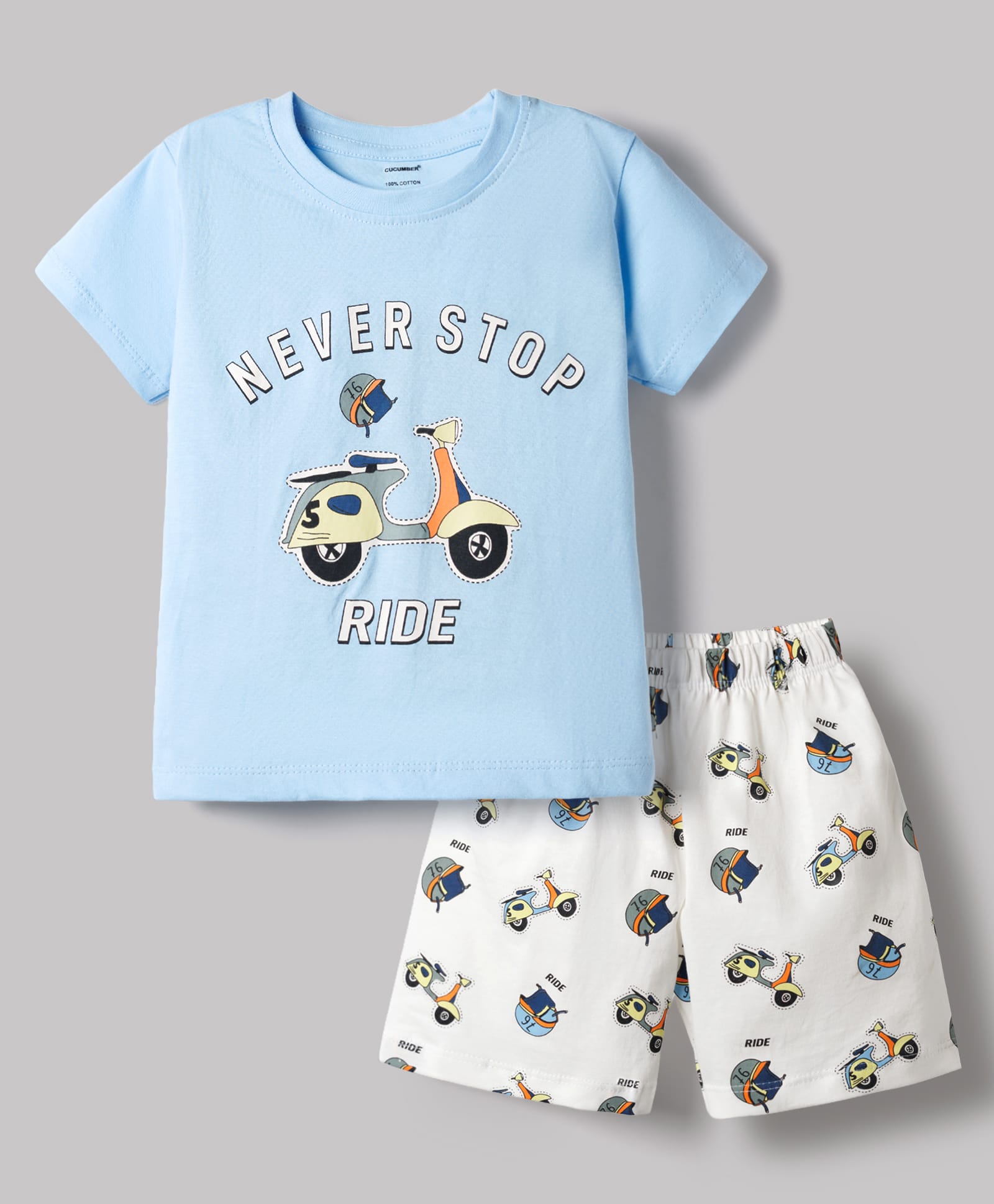 CUCUMBER Knit Half Sleeves T-Shirt & Shorts Set with Scooter Print - Light Blue-image-30