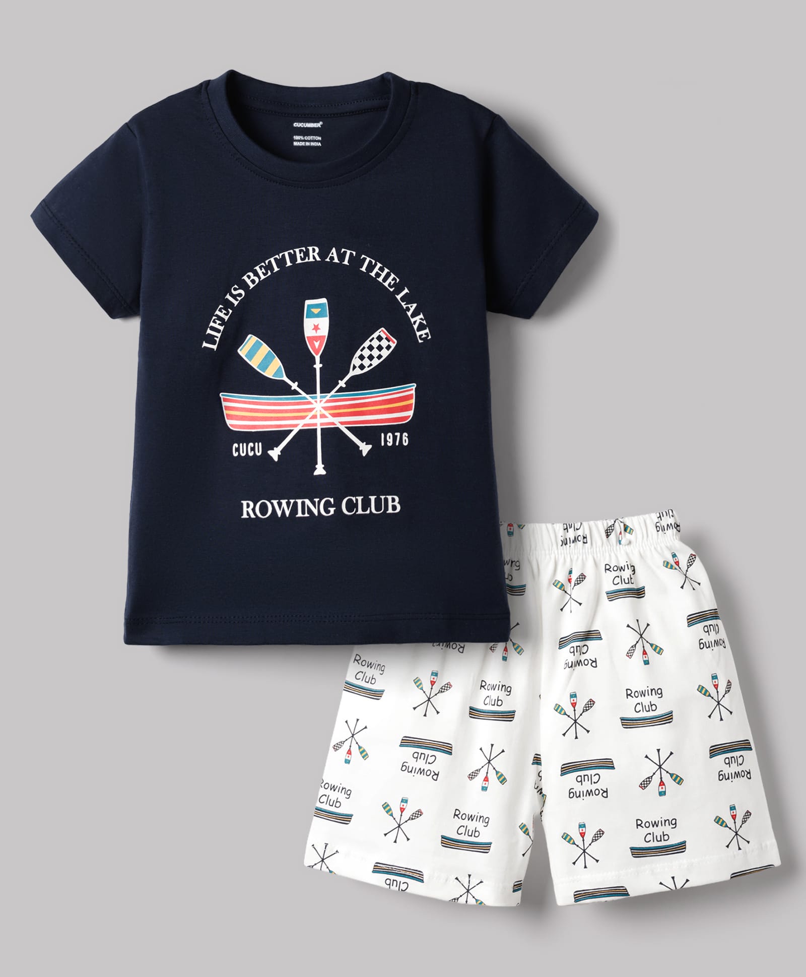 CUCUMBER Knit Half Sleeves T-Shirt & Shorts Set with Boat Print - Navy Blue-image-49