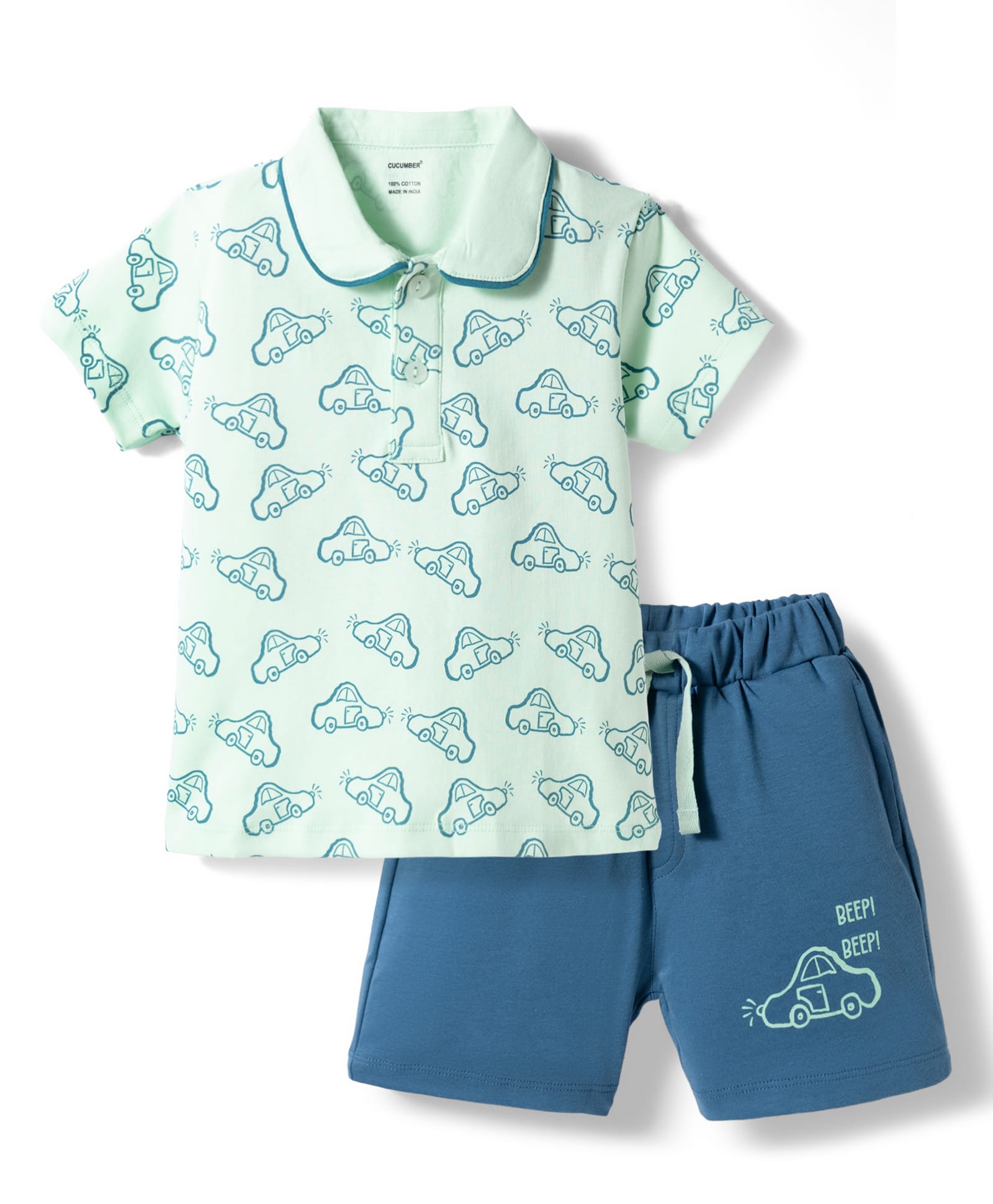 CUCUMBER Knit Half Sleeves T-Shirt & Shorts Set with Car Print - Light Blue-picture-10