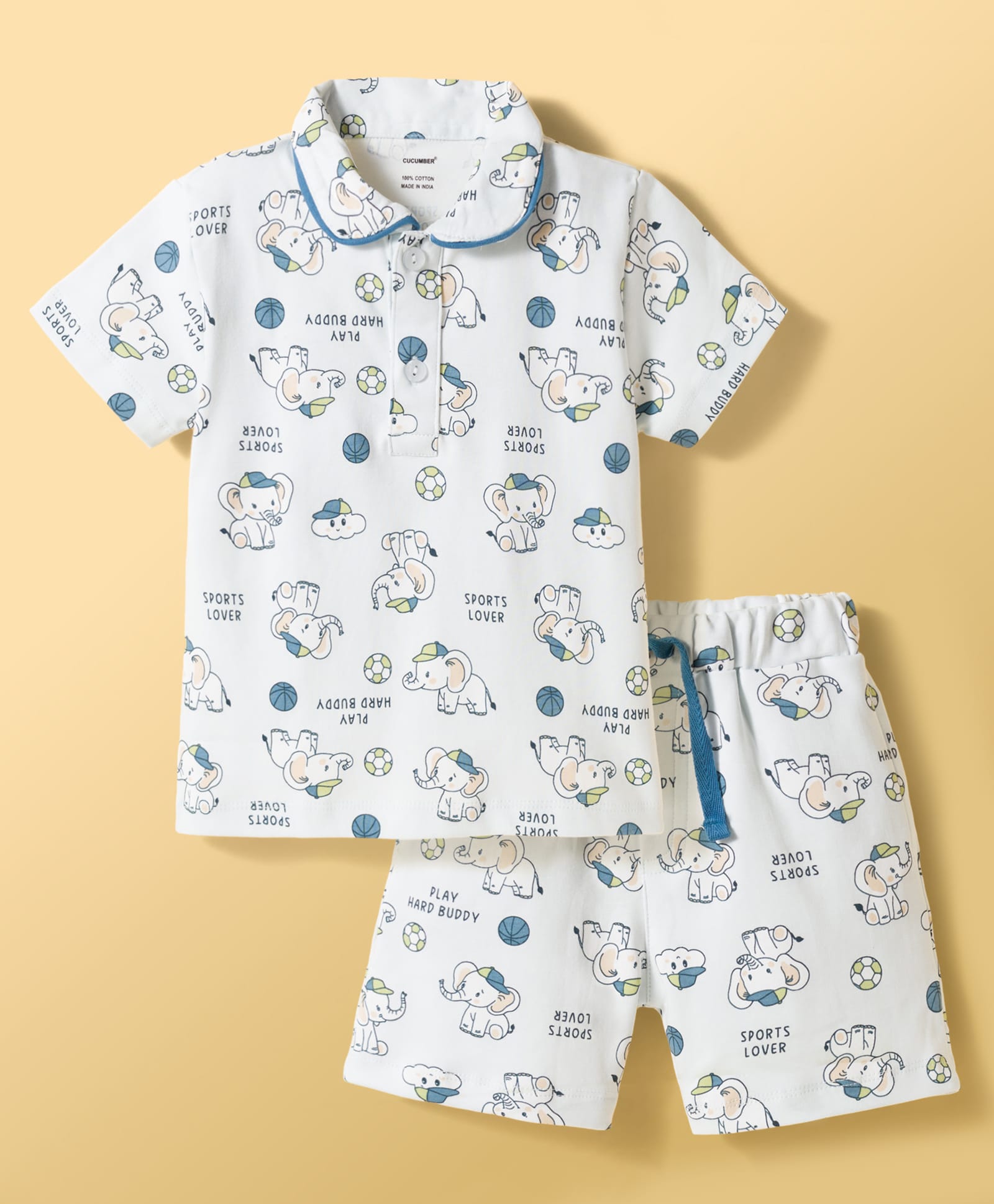 CUCUMBER Knit Half Sleeves T-Shirt & Shorts Co-ord Set with Elephant Print - Light Blue-picture-0