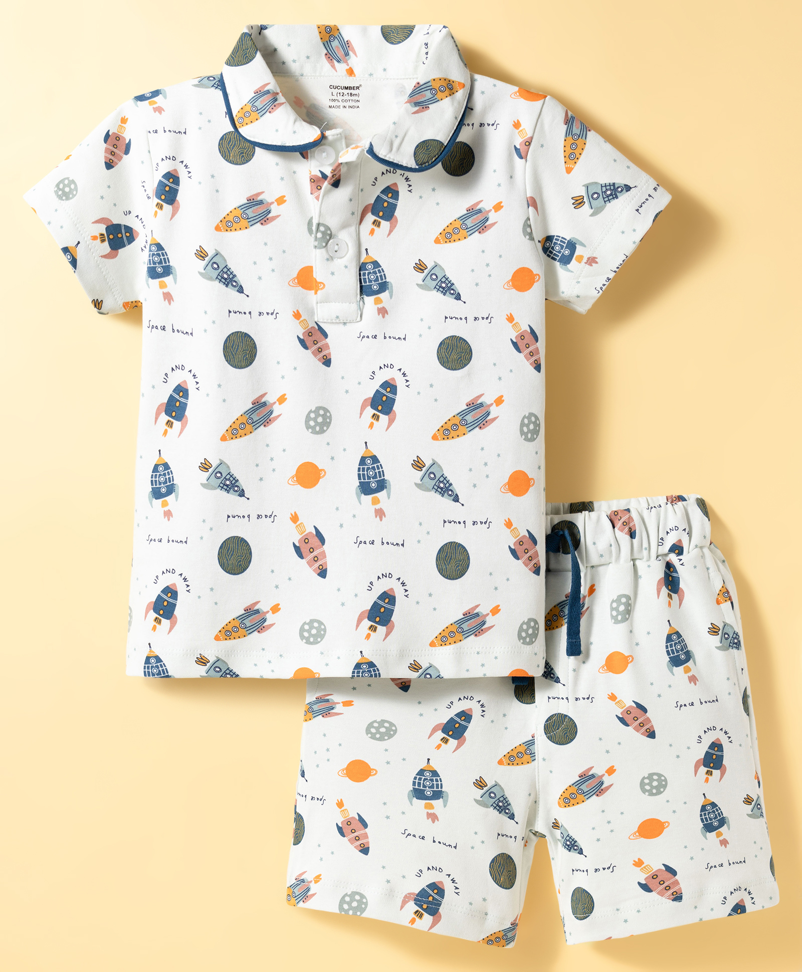 CUCUMBER Knit Half Sleeves T-Shirt & Shorts Co-ord Set with Space Theme Print - Light Blue-image-37