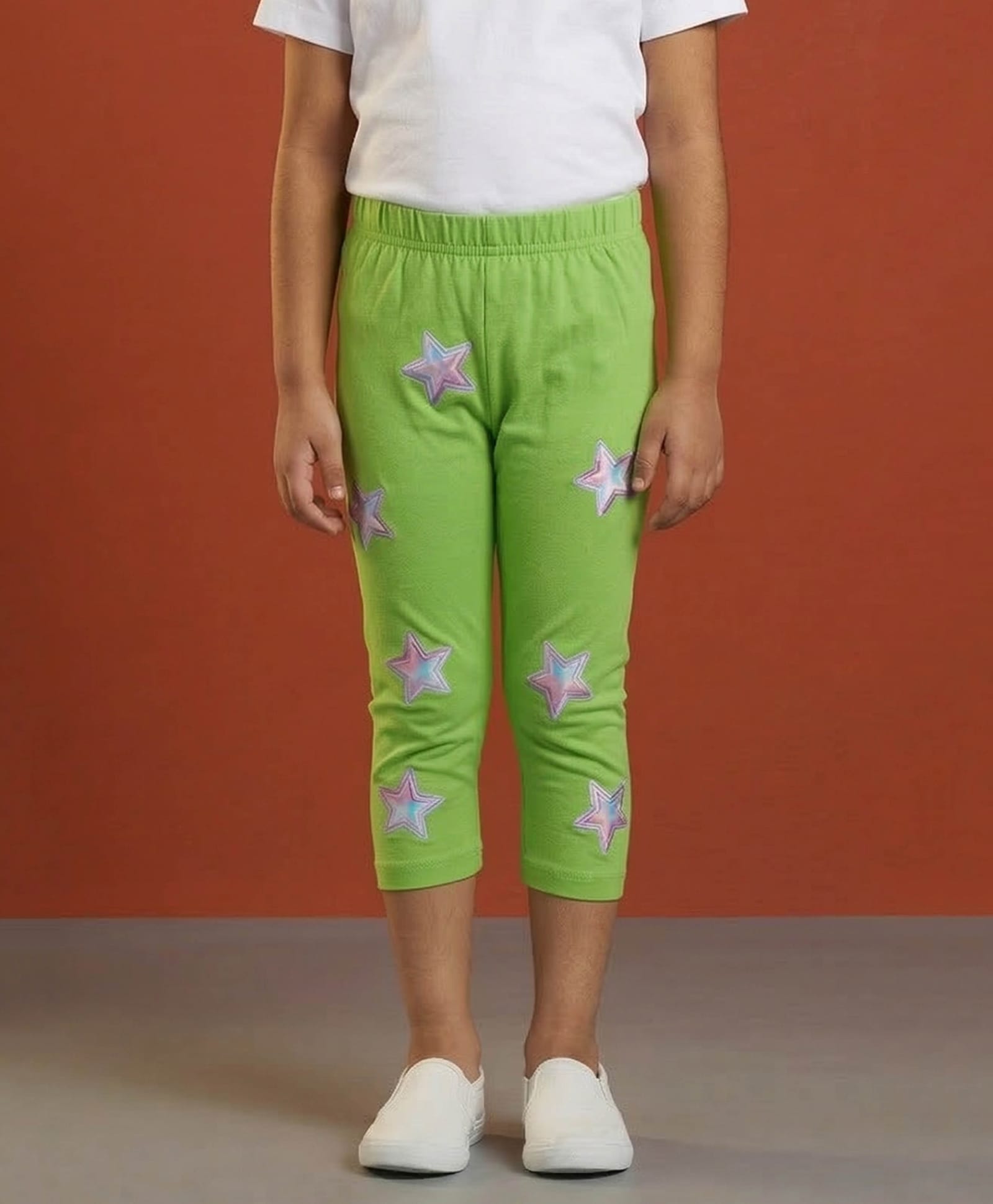 Kaboosh Cotton Spandex Knit Star Patch Detailed Capri Leggings - Neon Green-picture-17