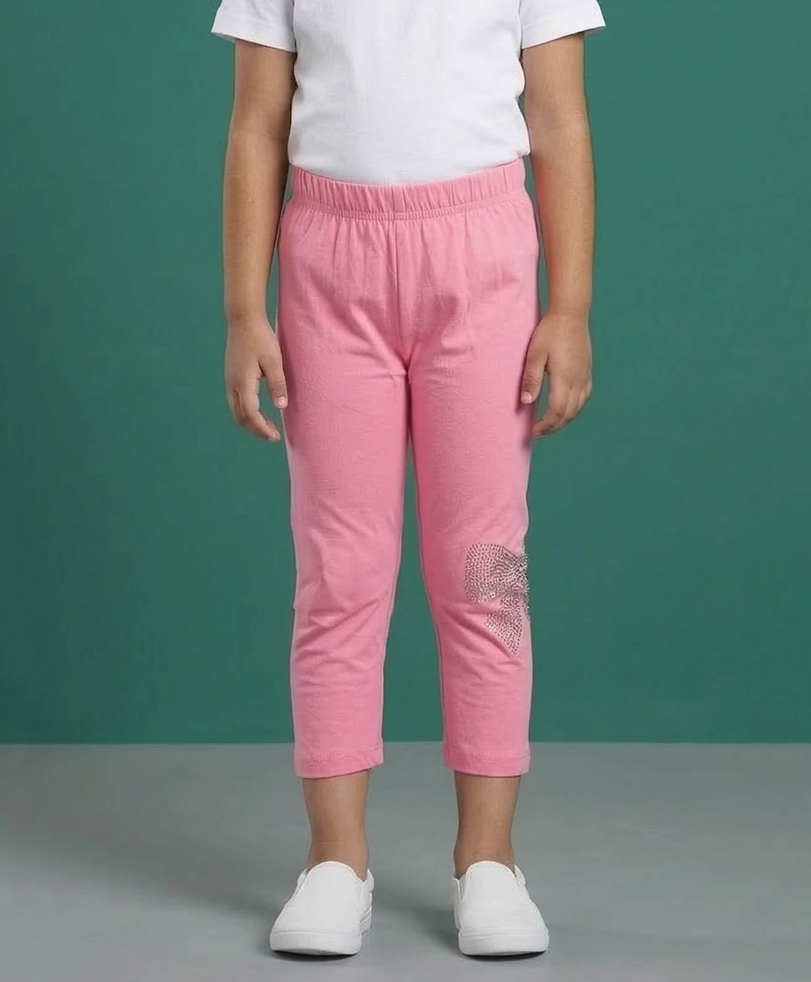 Kaboosh Cotton Spandex Knit Bow Designed Stones Embellished Capri Leggings - Baby Pink-picture-20