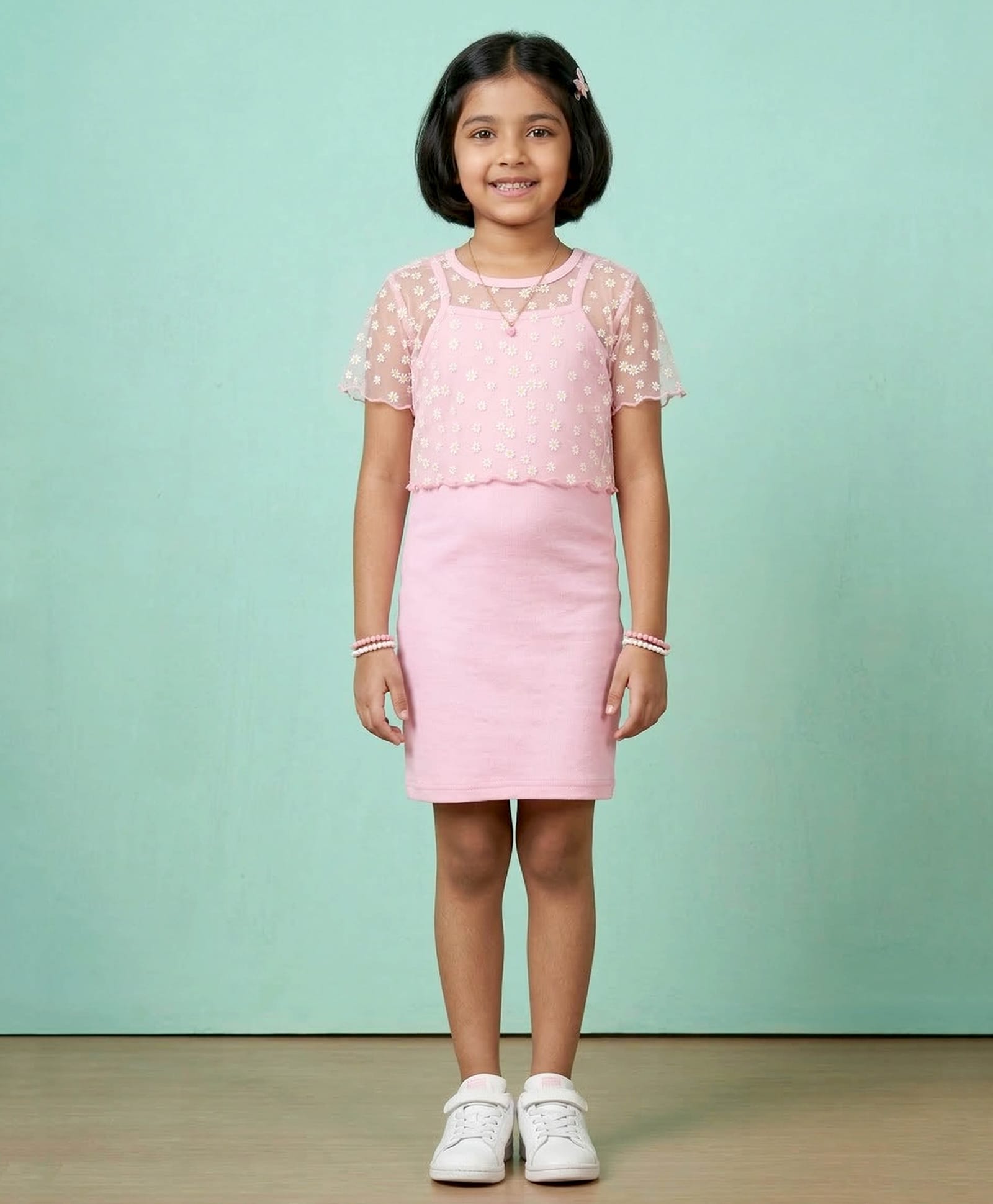Kaboosh Knit Solid Dress With Half Sleeves Floral Designed Printed Top - Pink-picture-22