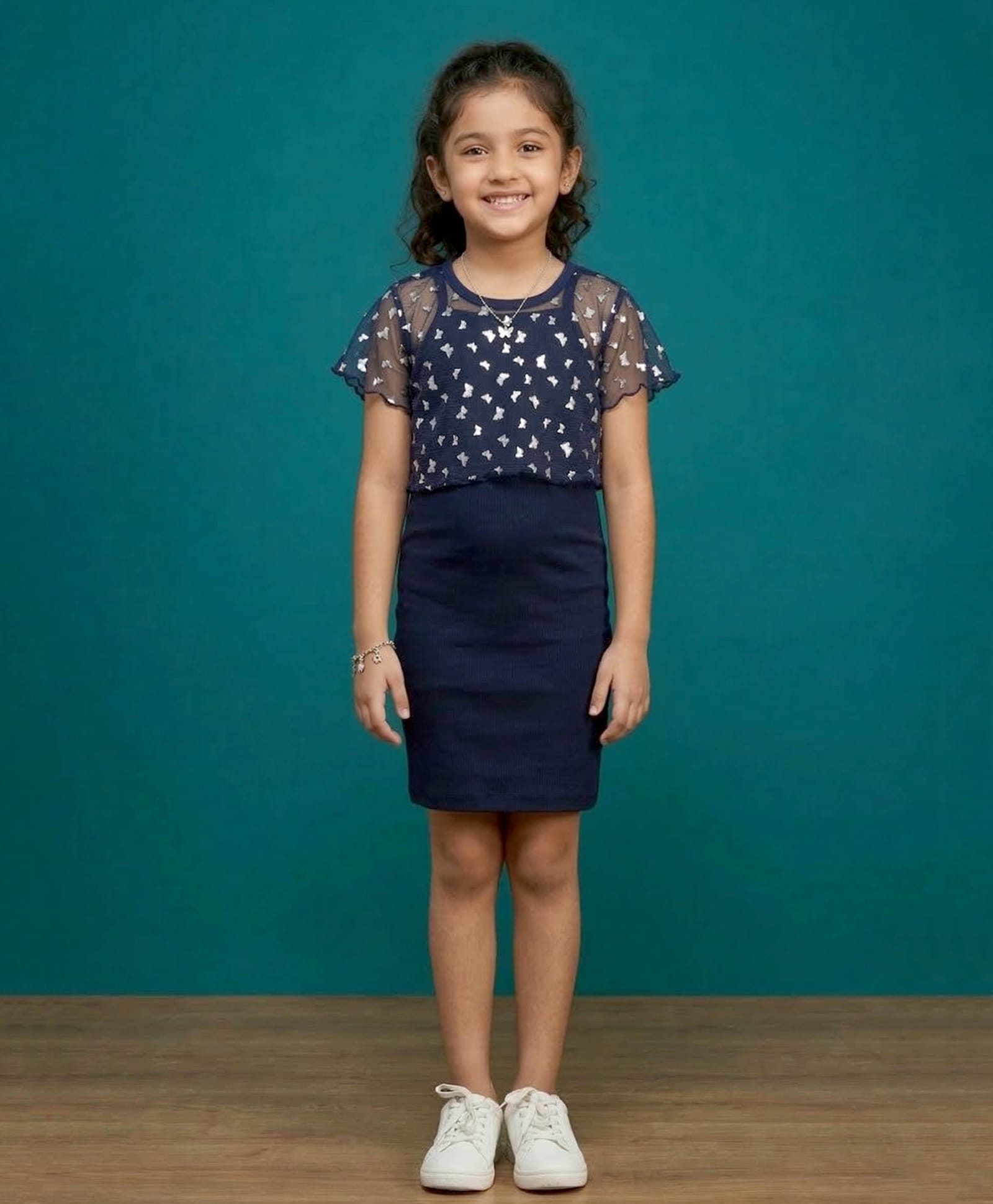 Kaboosh Knit Solid Dress With Half Sleeves Butterfly Designed Foil Printed Top - Navy Blue-picture-17
