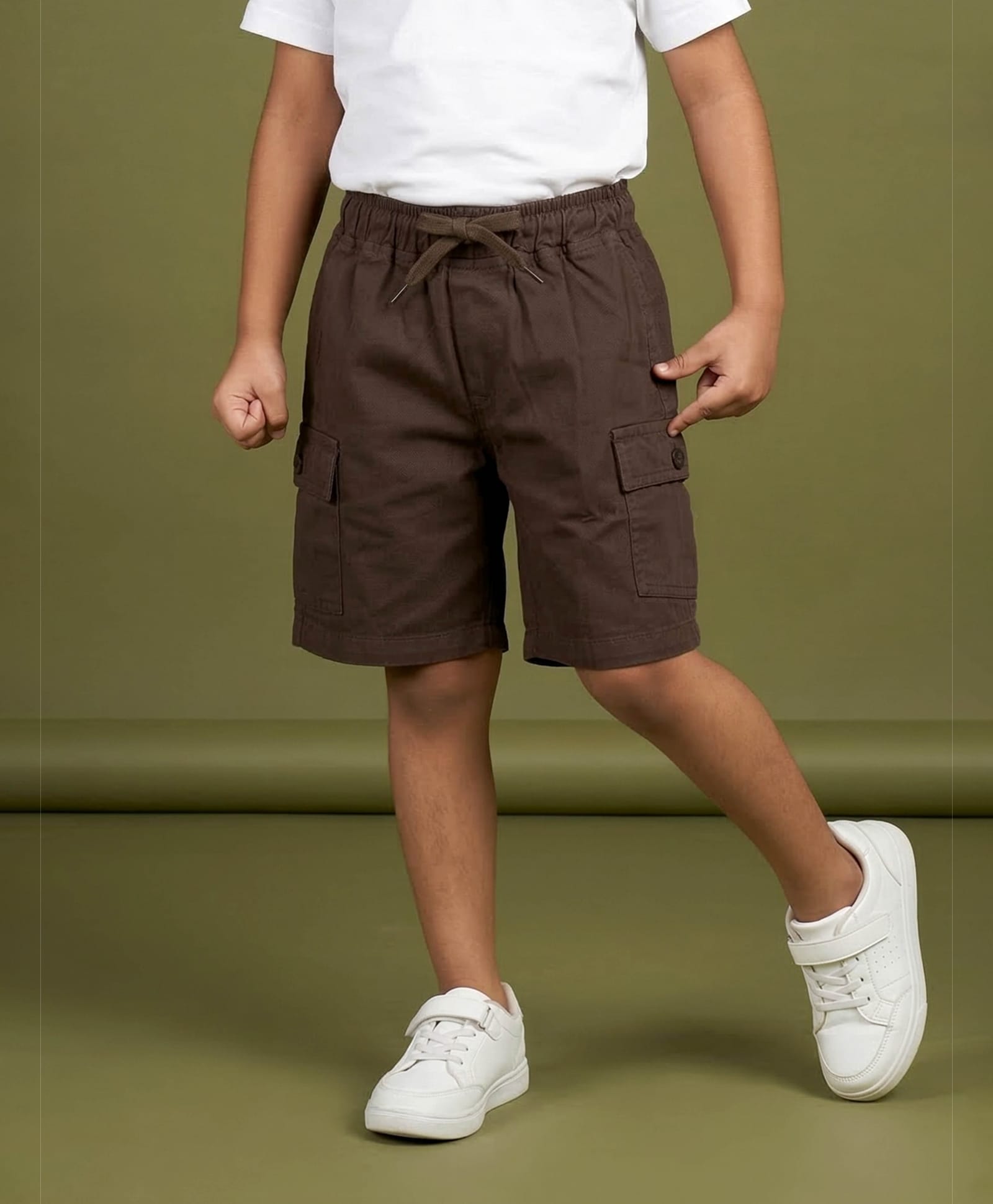 Kiddopanti Cotton Woven Solid Cargo Style Shorts - Brown-image-47