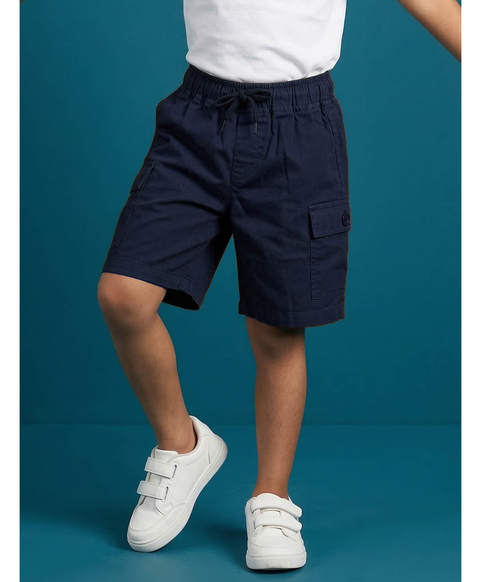 Kiddopanti Cotton Woven Solid Cargo Style Shorts - Navy Blue-image-10