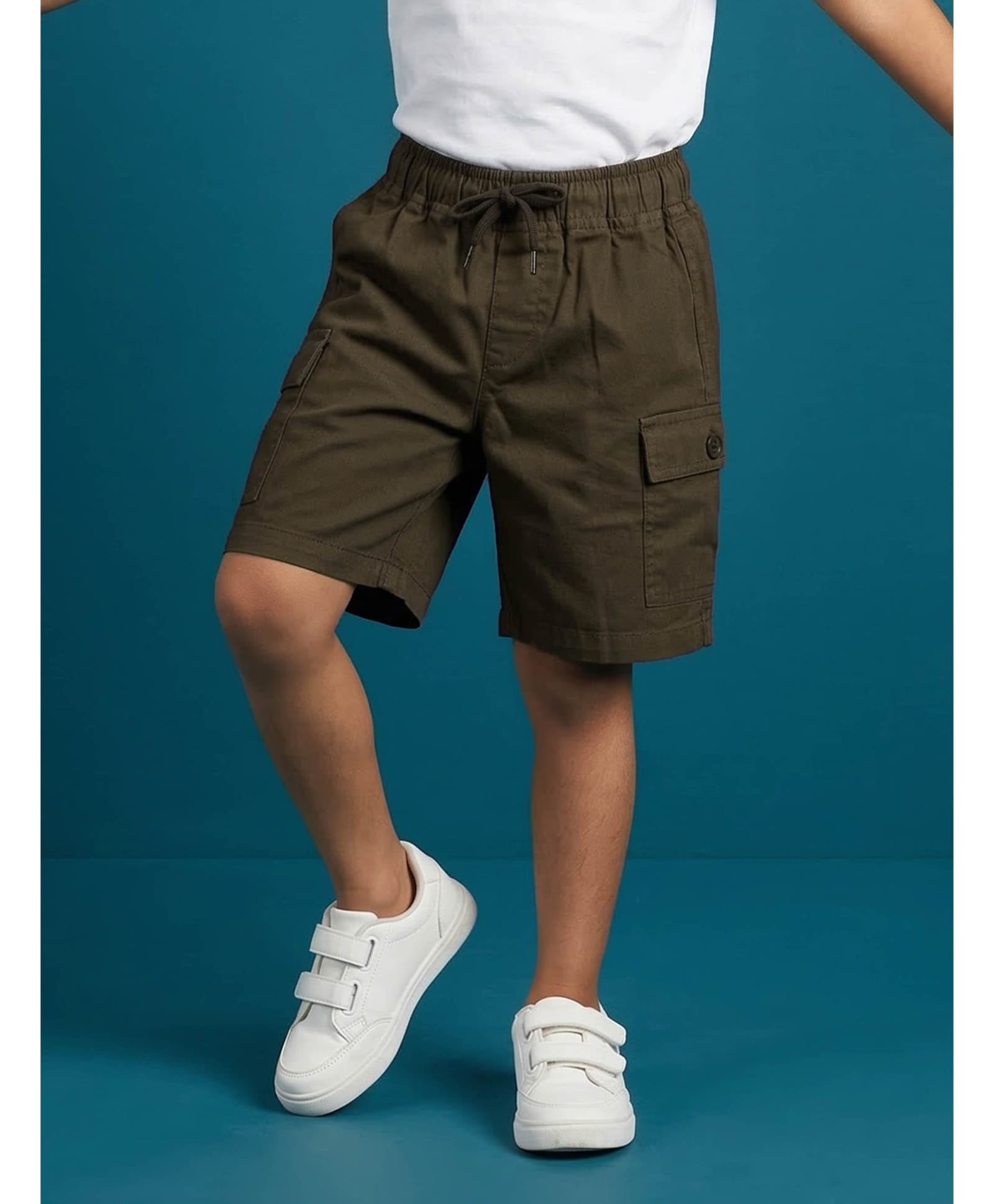 Kiddopanti Cotton Woven Solid Cargo Style Shorts - Military Green-picture-35