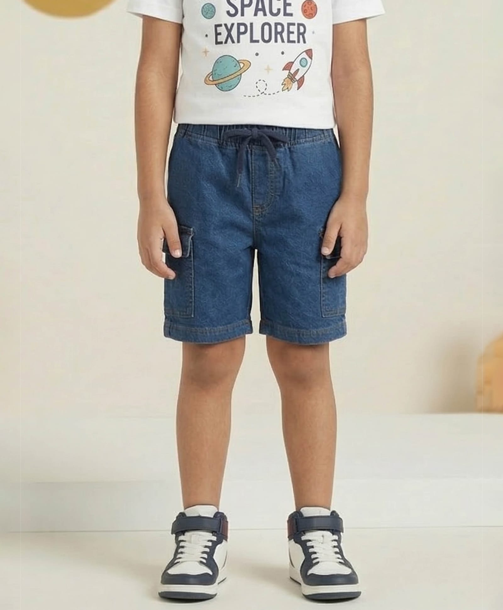 Kiddopanti Denim Woven Cargo Style Mild Washed Shorts - Dark Wash Blue-picture-20