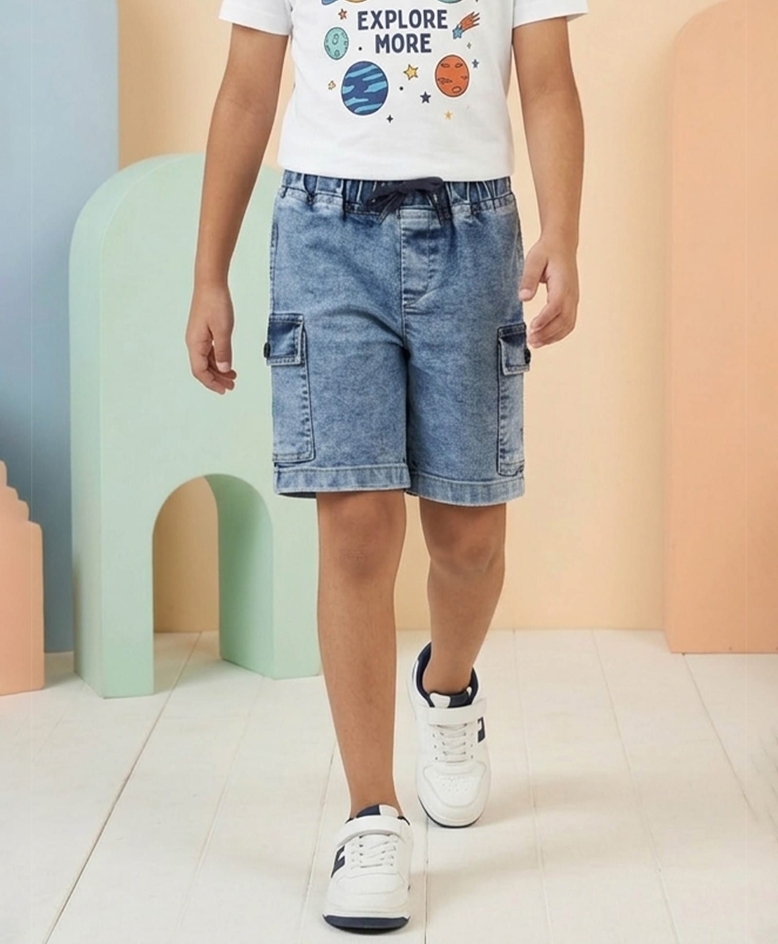 Kiddopanti Denim Woven Cargo Style Washed Shorts - Light Blue-image-0