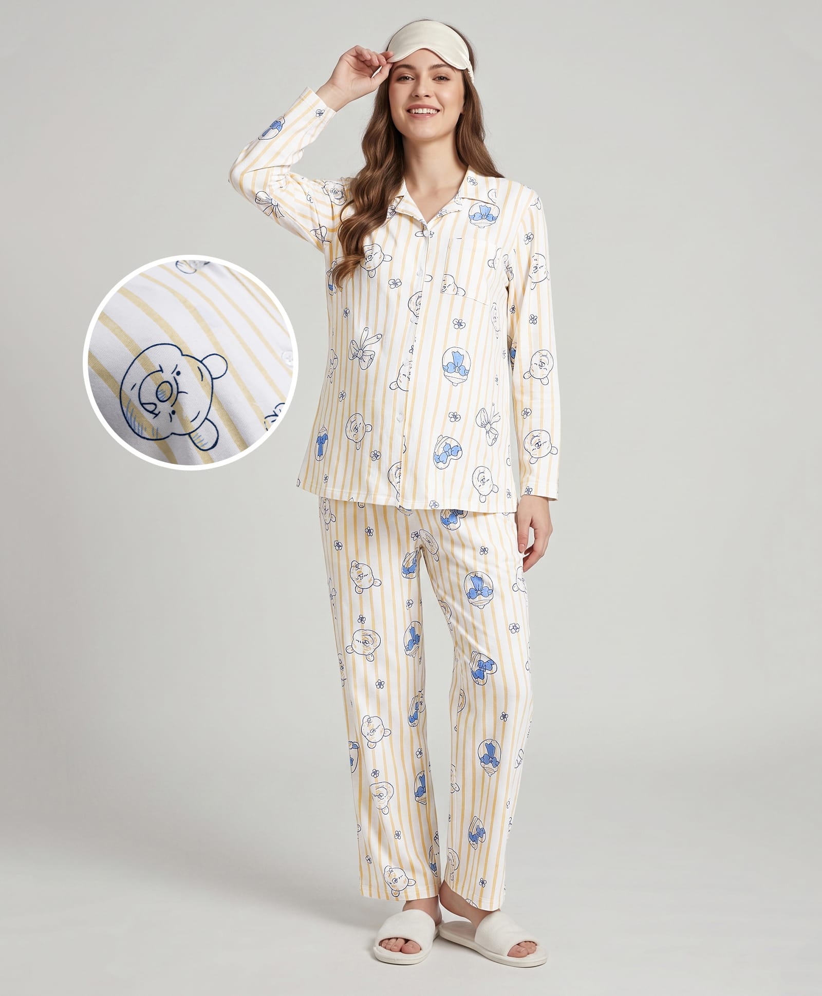 Bella Mama Disney 100% Cotton Knit Full Sleeves Front Open Co-Ords Maternity Pyjama Set With Stripes & Winnie The Pooh Graphics - Cream-image-14