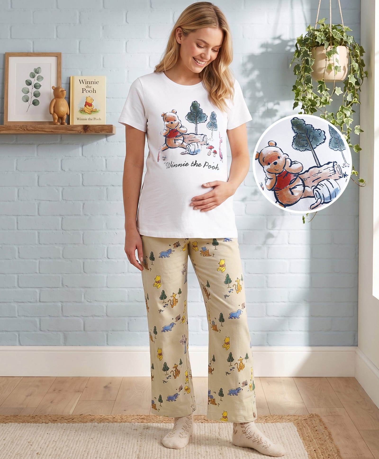 Bella Mama Disney 100% Cotton Knit Half Sleeves Night Suit With Winnie The Pooh Graphic - White-picture-16