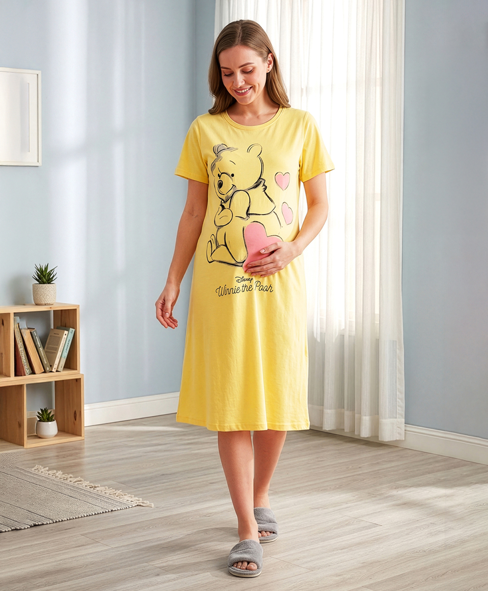 bella mama disney single jersey knit half sleeves nighty with winnie the pooh graphics - yellow