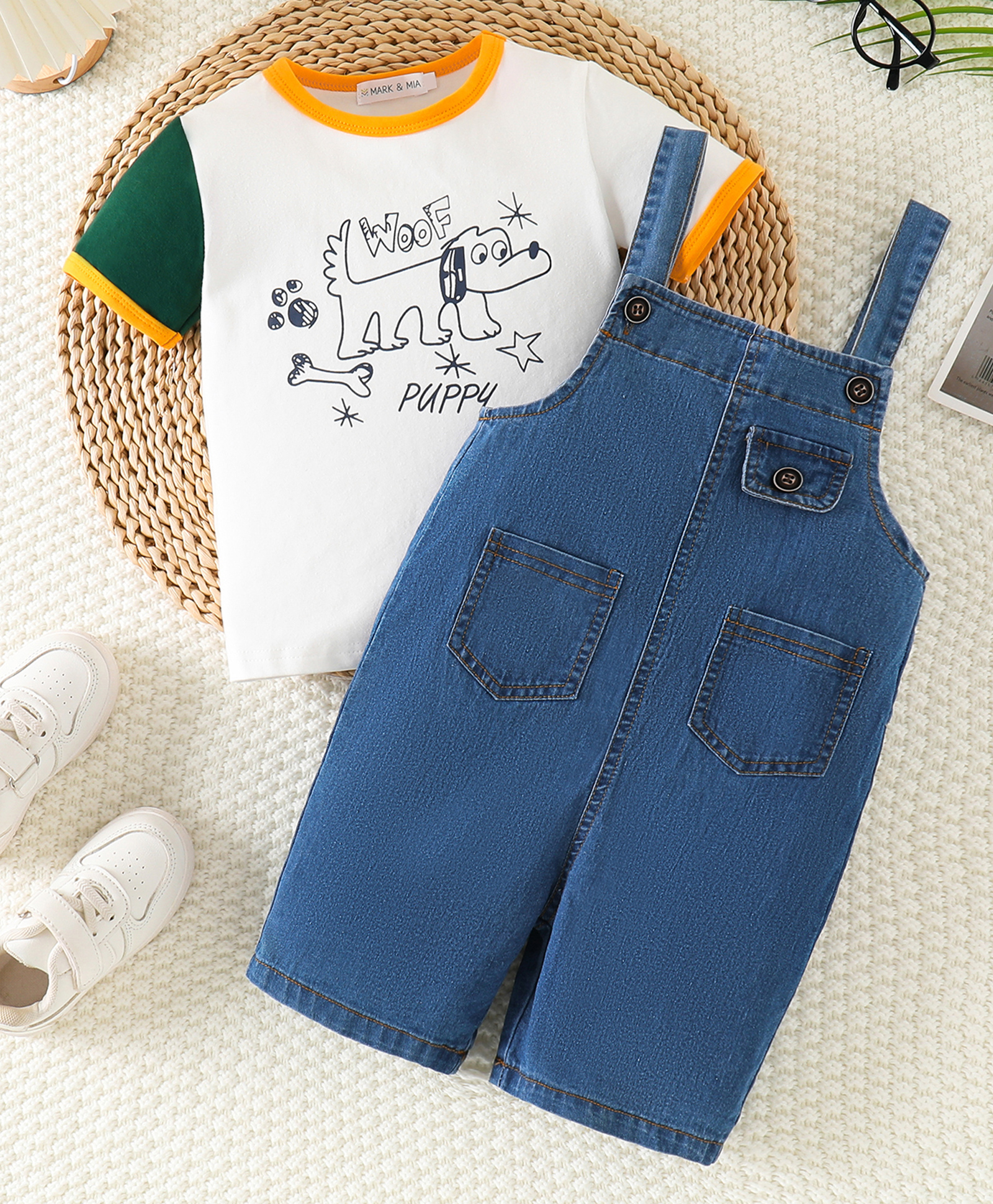 Mark & Mia Cotton Dungaree & Half Sleeves T-Shirt With Dog Print - Blue-image-45