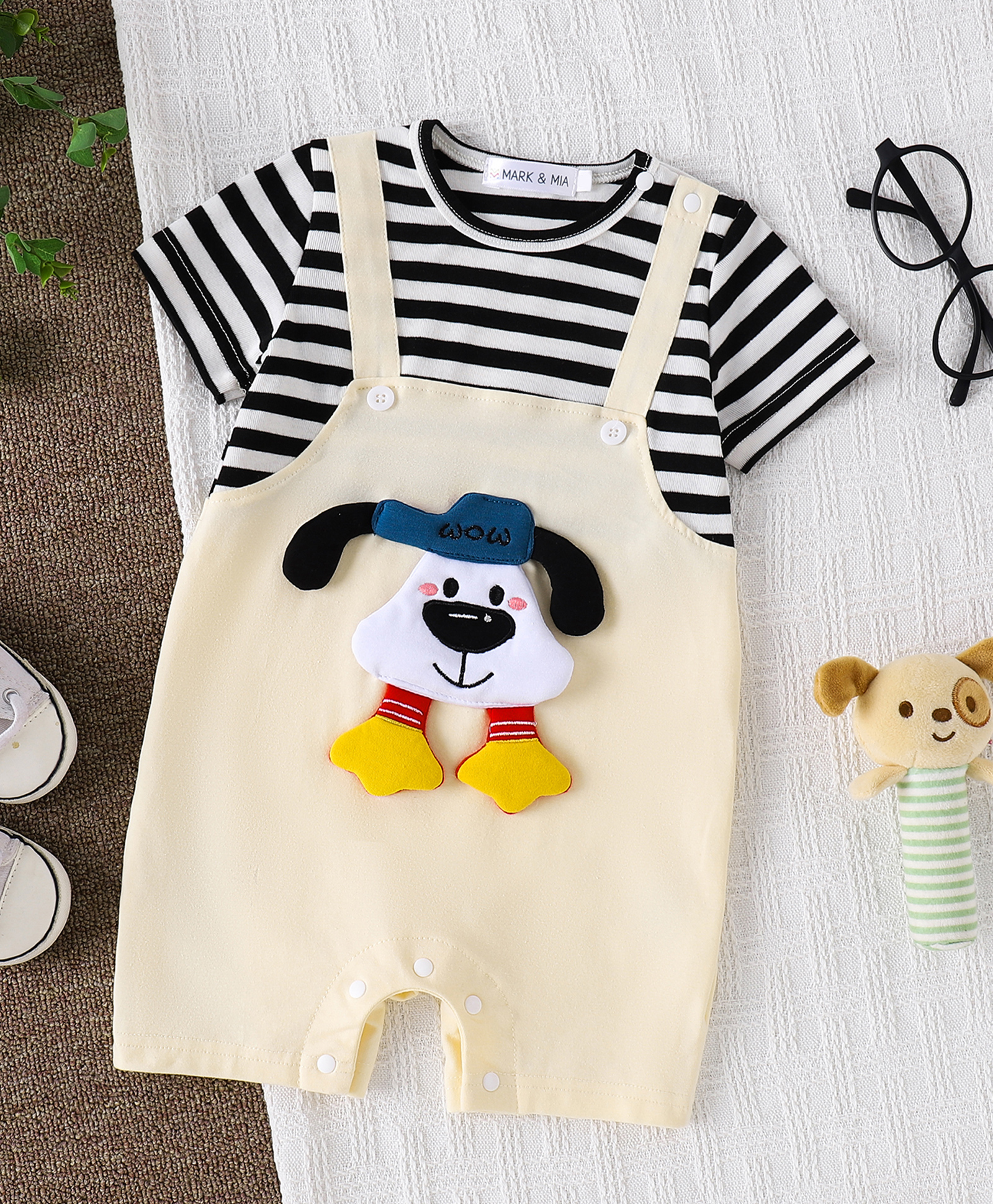 Mark & Mia Cotton Half Sleeves Striped Romper With Dog Applique - Beige-image-21