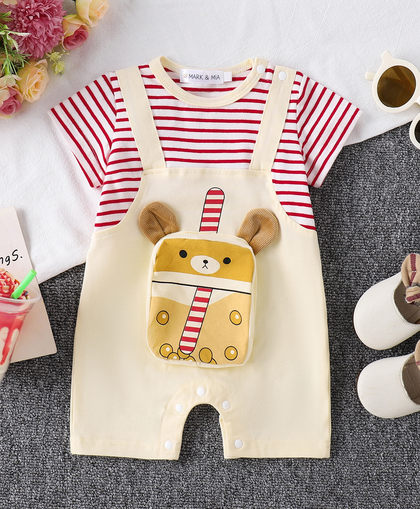 Mark & Mia Cotton Half Sleeves Striped Romper With Bear & Straw Applique - Beige-image-20
