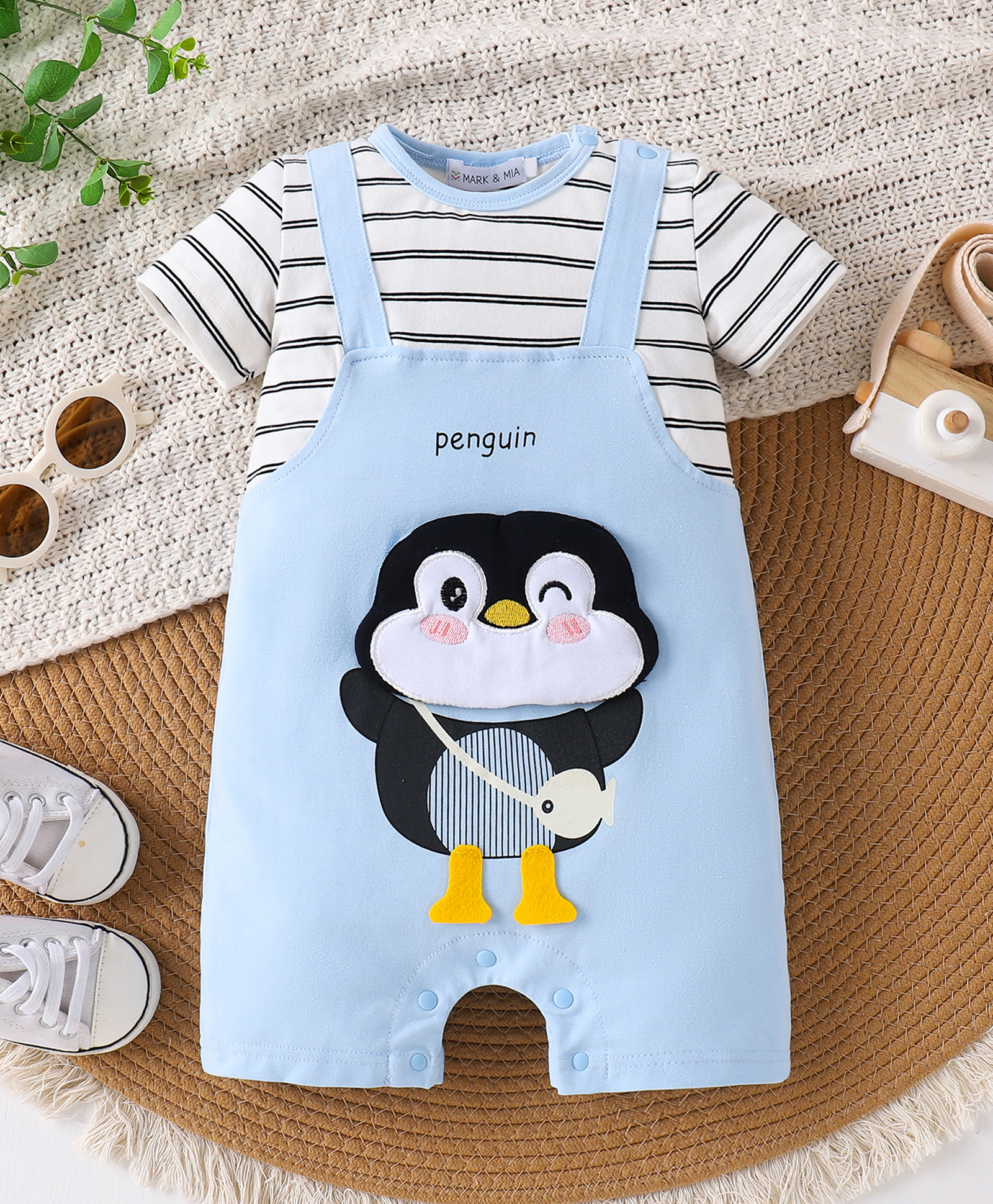 Mark & Mia Cotton Half Sleeves Striped Romper With Penguin Applique - Blue-image-25