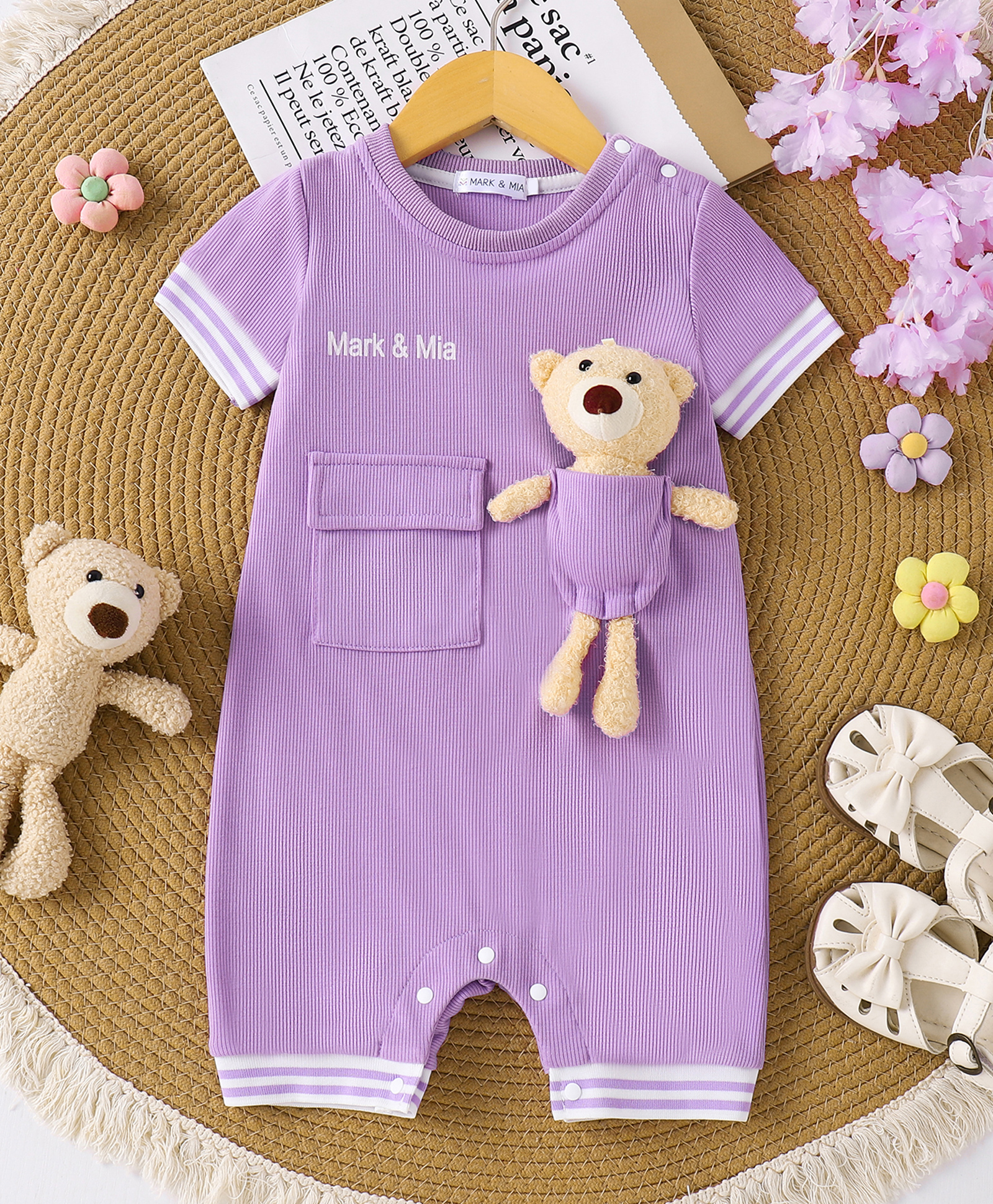 Mark & Mia Romper With Teddy Applique & Pocket - Purple-image-6