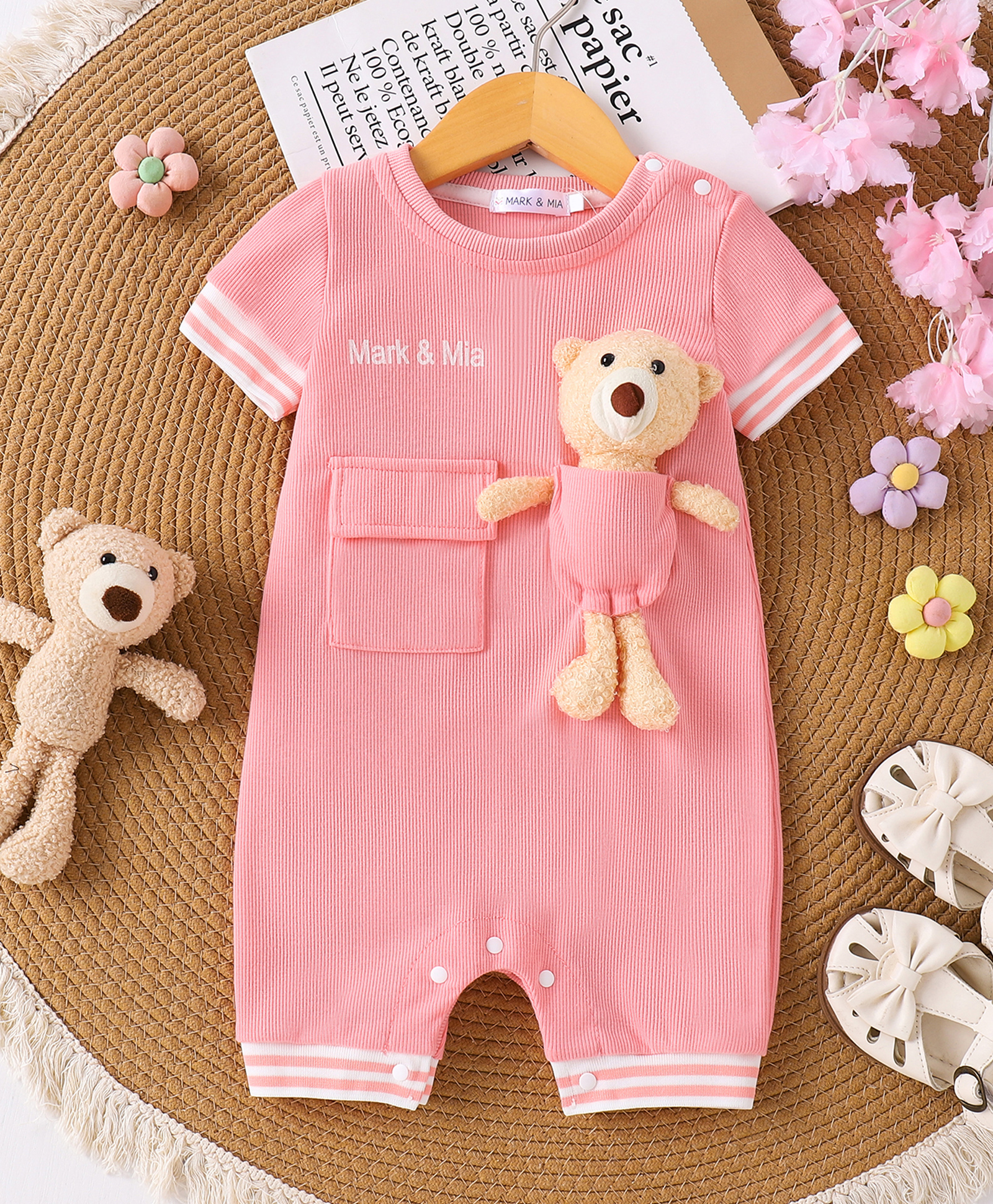 Mark & Mia Romper With Teddy Applique & Pocket - Pink-image-7