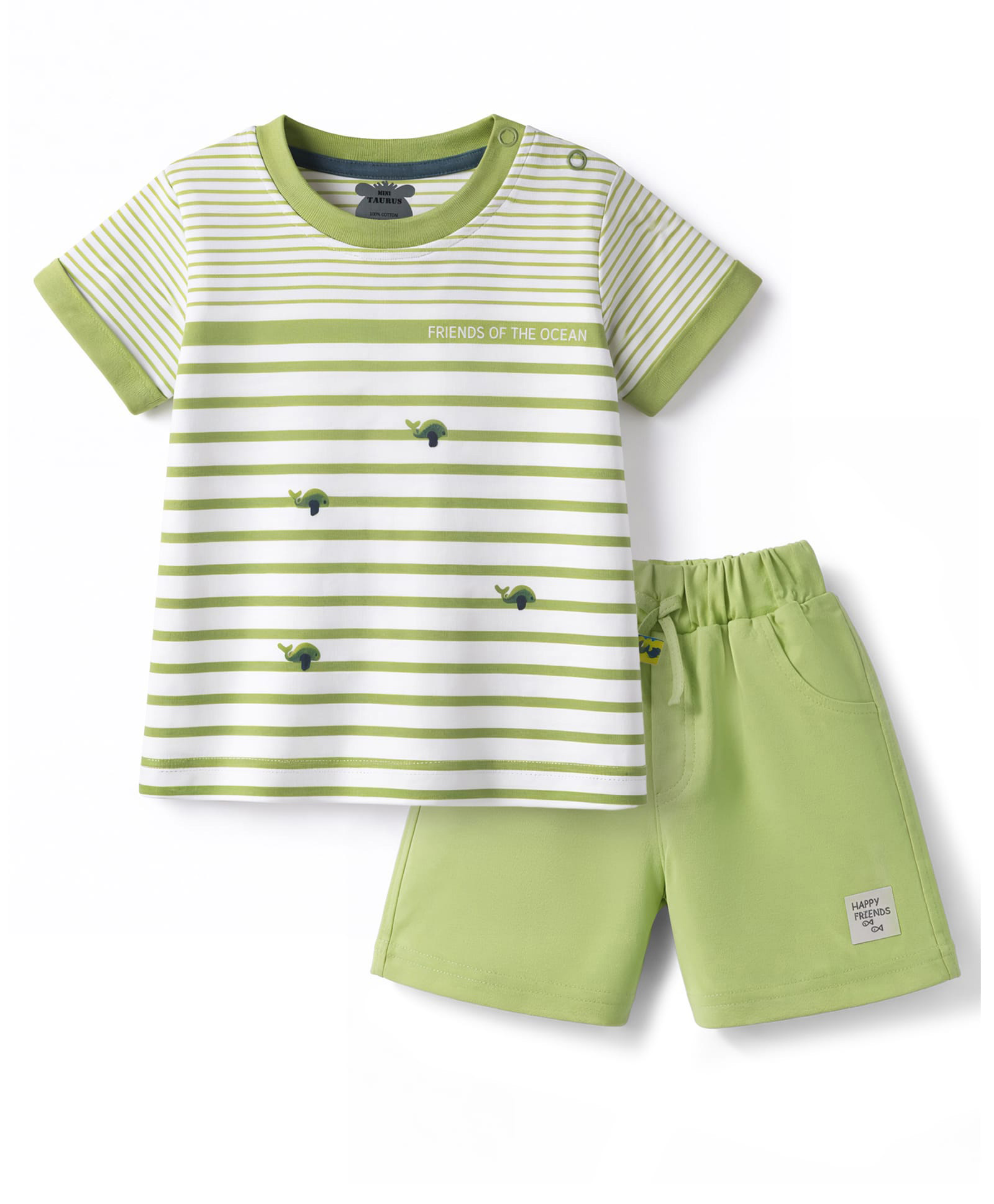 Mini Taurus Interlock Half Sleeves Striped T-Shirt and Shorts Whale Print - Olive Green-picture-31