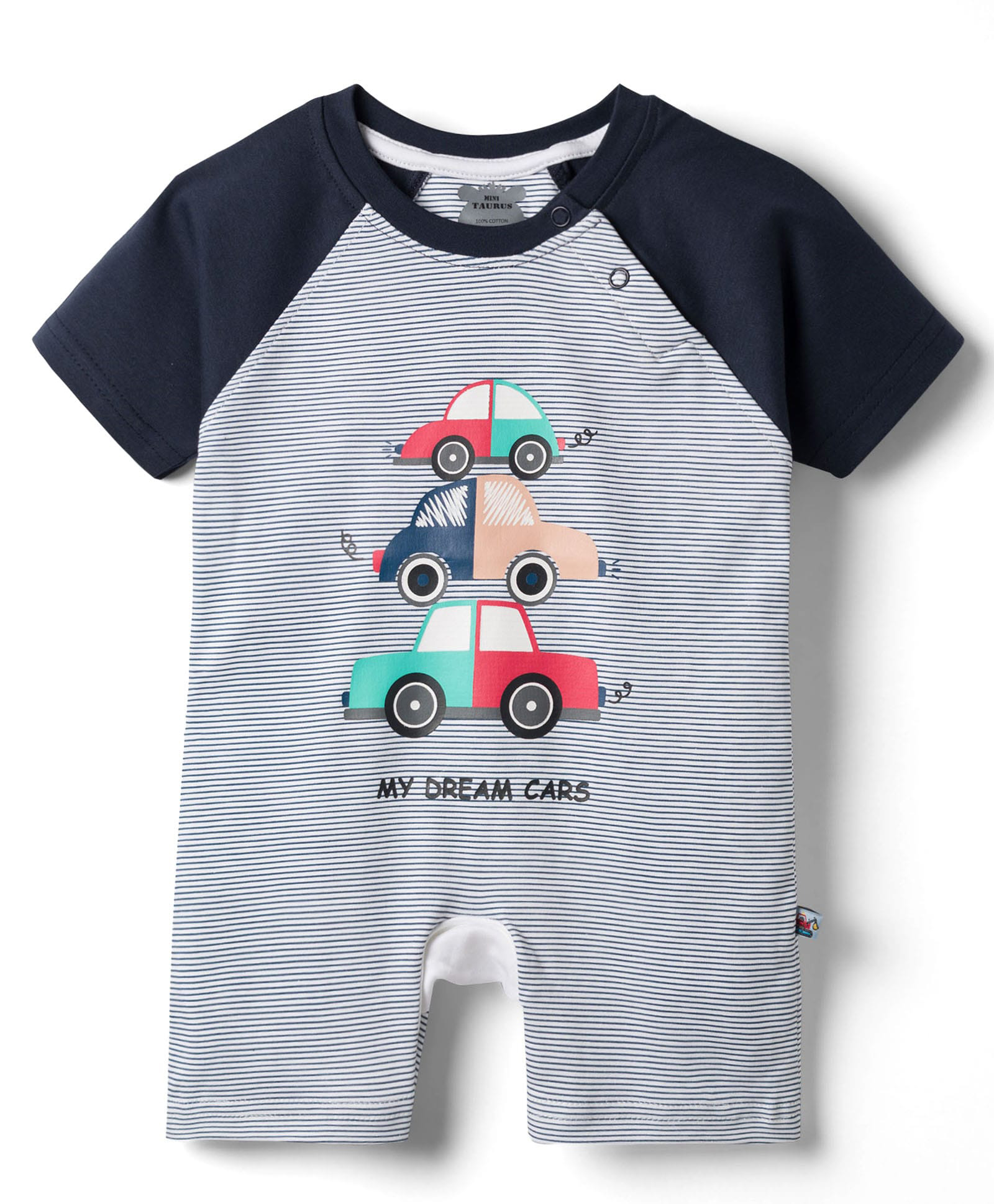 Mini Taurus Interlock Knit Half Raglan Sleeves Romper with Car Print - Blue-image-5