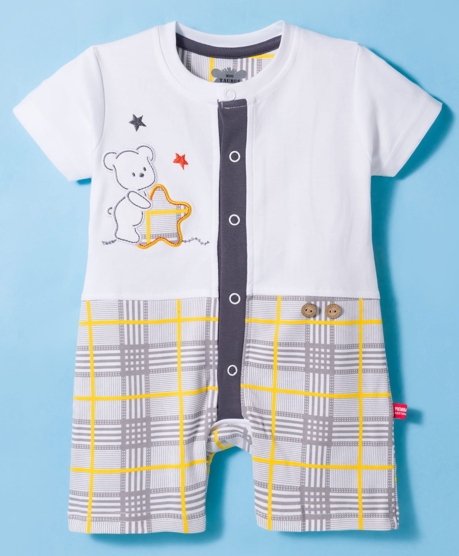 Mini Taurus Interlock Knit Half Sleeves Checks Romper With Bear & Star Embroidery - Grey-picture-32