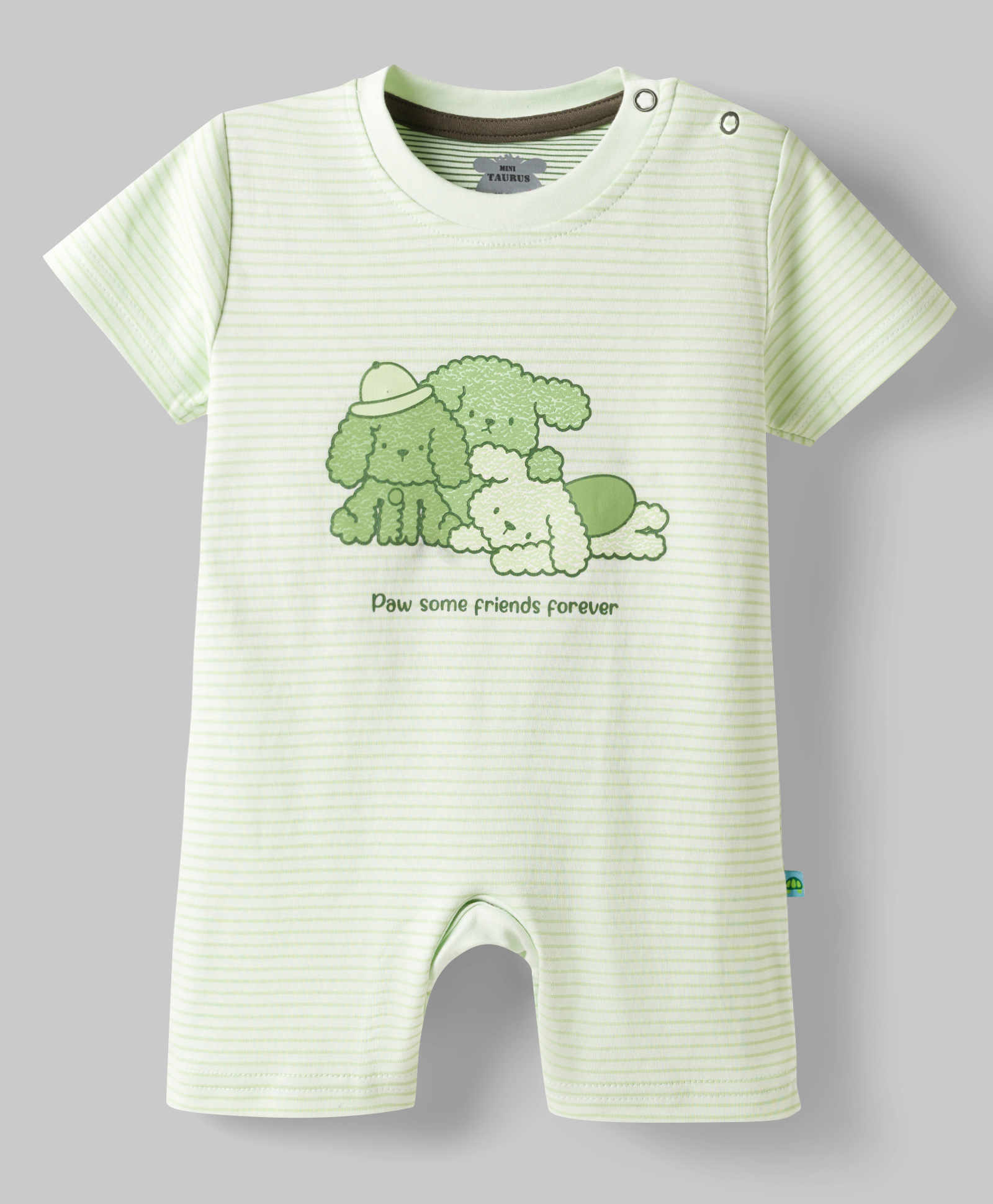 Mini Taurus Interlock Knit Half Sleeves Striped & Puppy Printed Romper - Light Green-picture-24