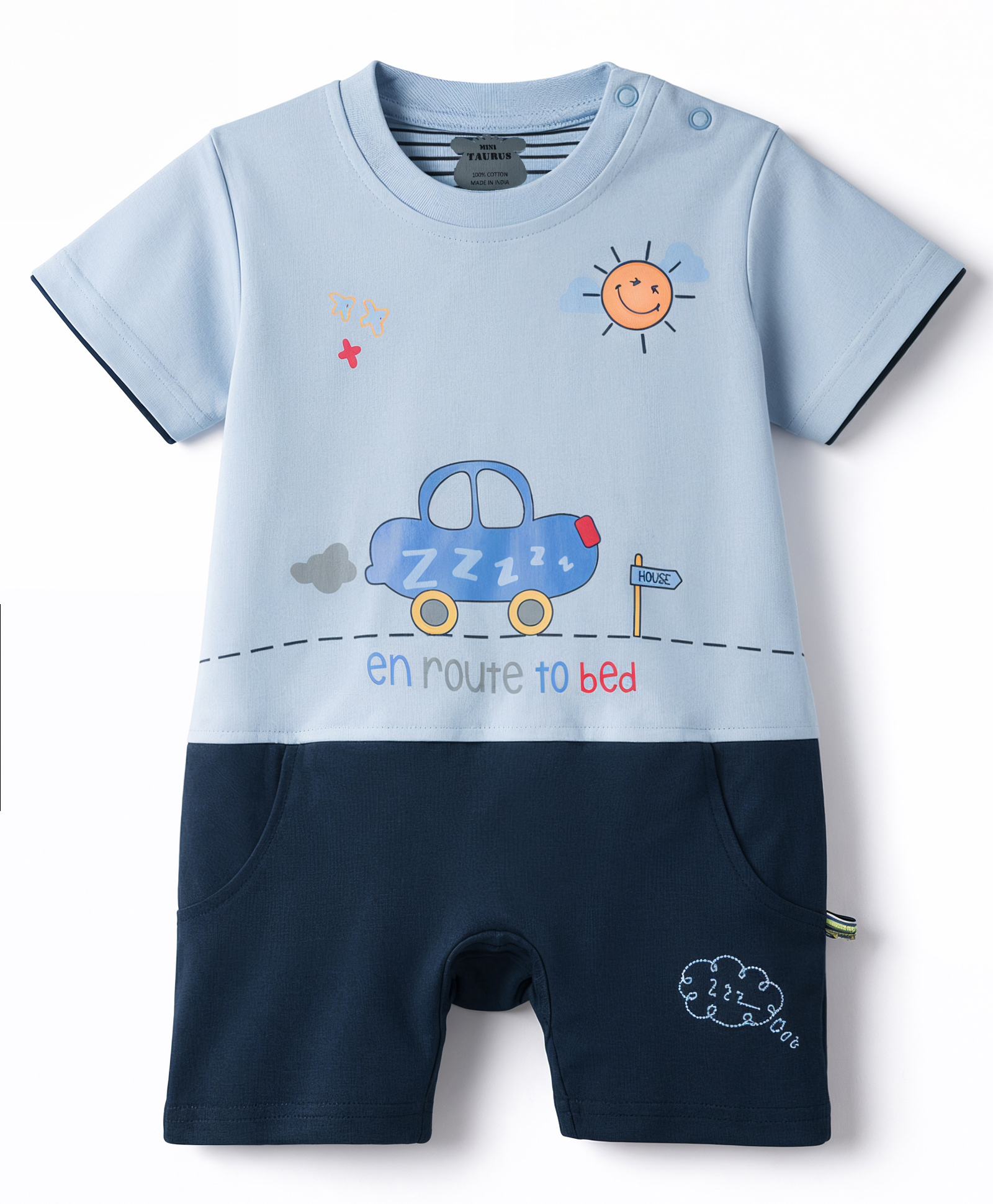 Mini Taurus Interlock Knit Half Sleeves Vehicles Printed Romper - Blue-picture-32