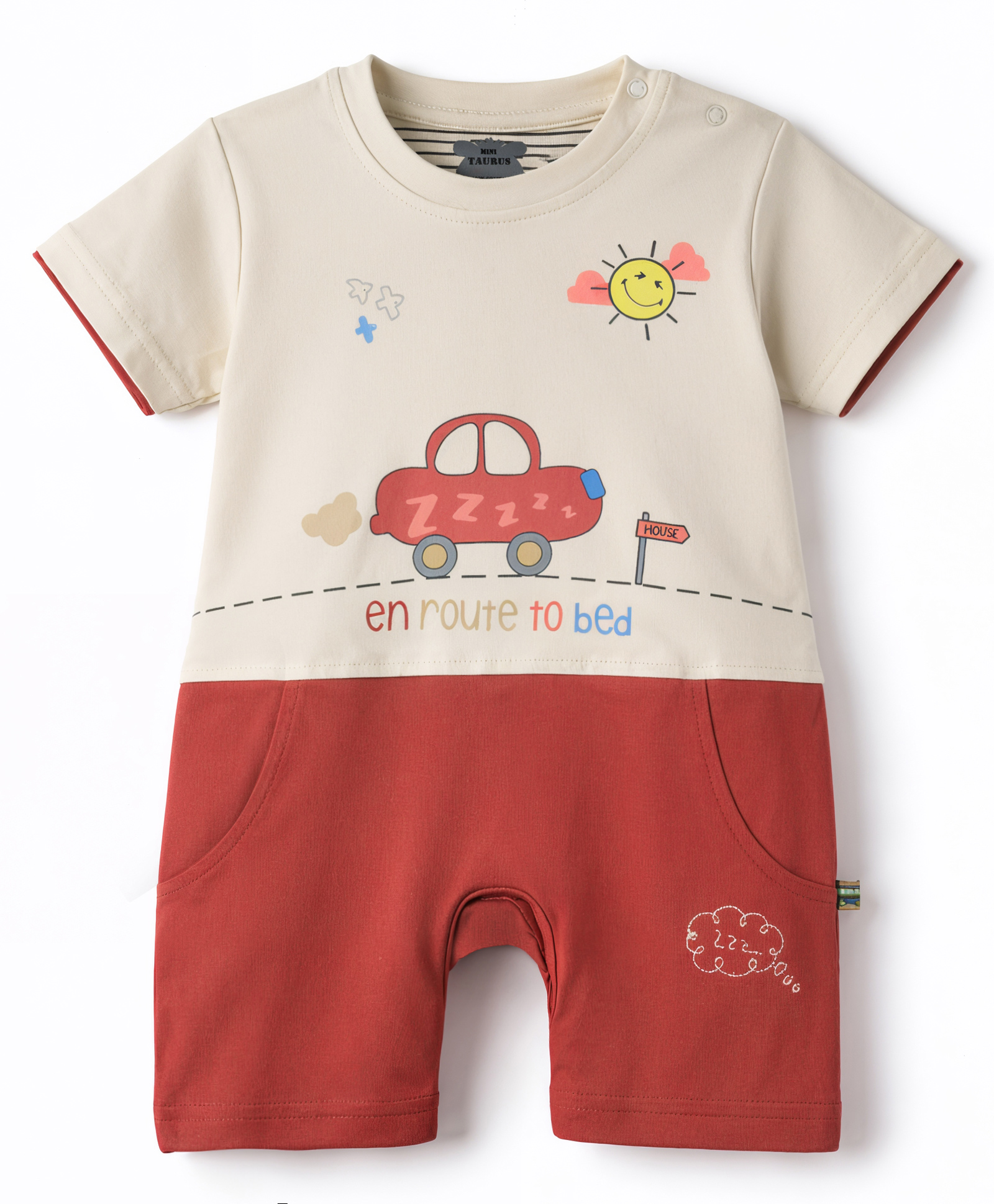 Mini Taurus Interlock Knit Half Sleeves Vehicles Printed Romper - Red-picture-9