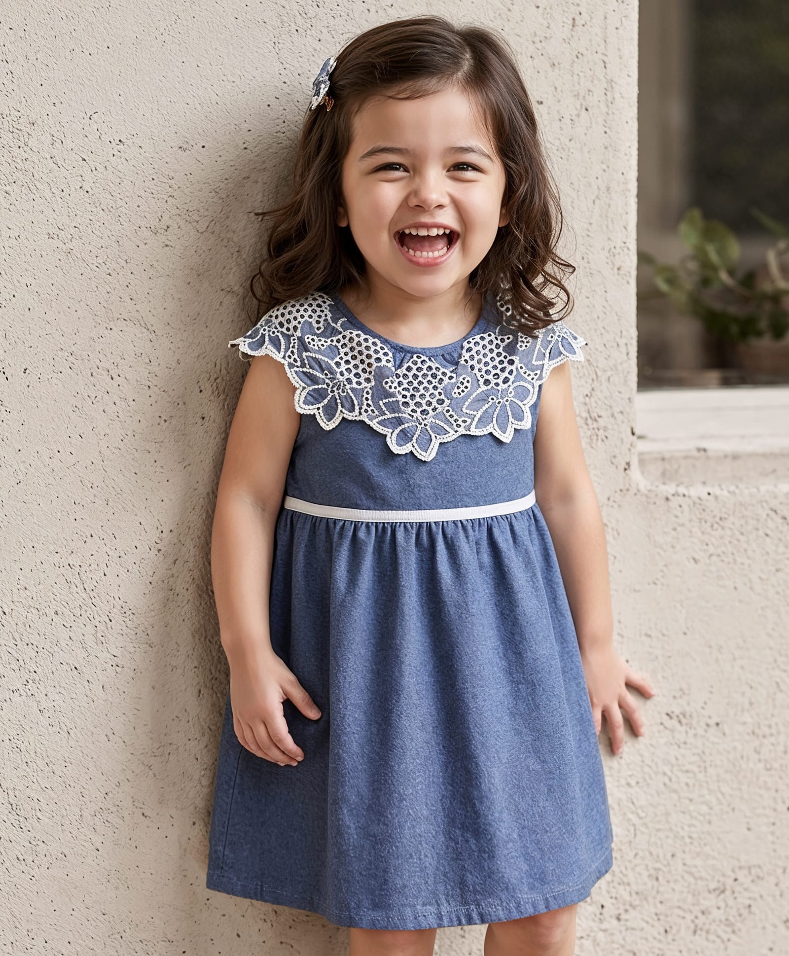 Babyhug Chambray Woven Sleeveless One Piece Frock With Floral Lace Detailing - Blue-image-45