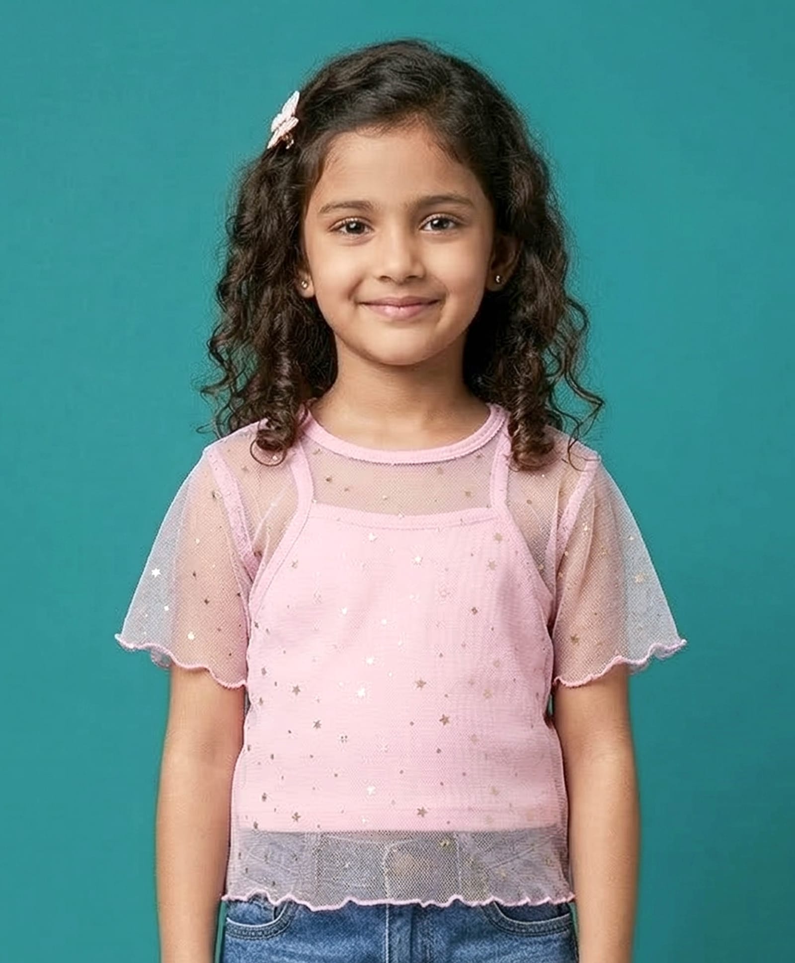 Kaboosh Knit Half Sleeves Stars Foil Printed Top With Inner Tee - Pink-image-19