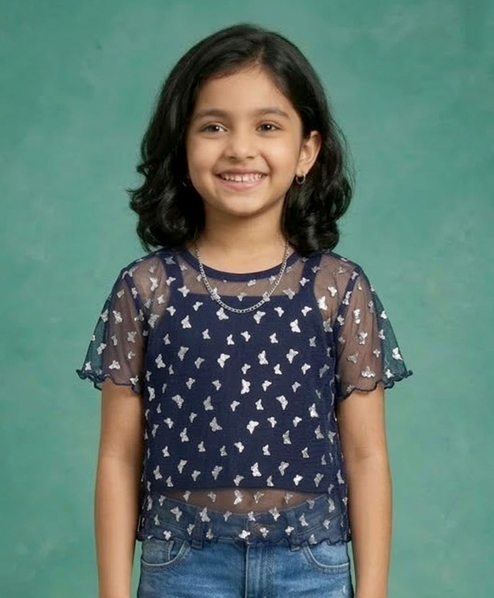 Kaboosh Knit Half Sleeves Butterfly Foil Printed Top With Inner Tee - Navy Blue-image-48