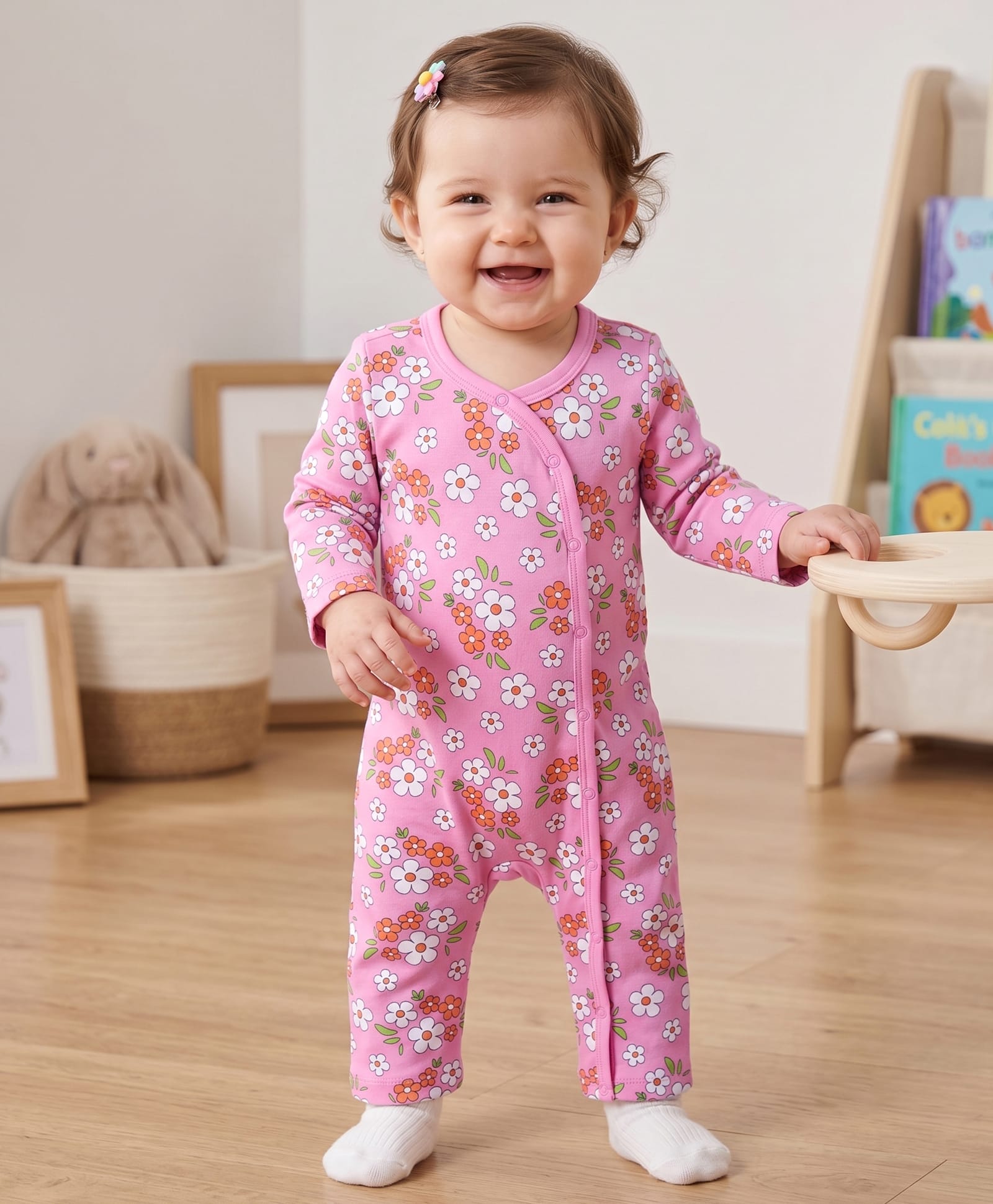 Doodle Poodle 100% Cotton Knit Full Sleeves Floral Printed Romper - Pink-image-47